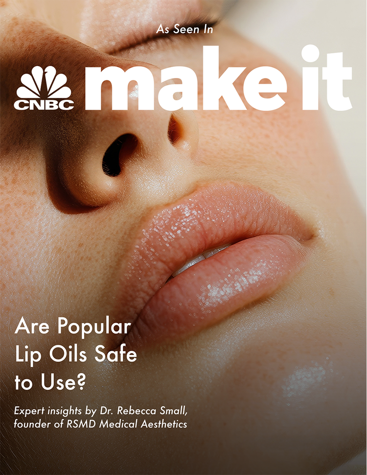Close-up of a person's lips and nose with text overlay indicating this is from CNBC's 'Make It' series. The text questions if popular lip oils are safe to use, with a note mentioning expert insights by Dr. Rebecca Small, founder of RSM Medical Aesthe