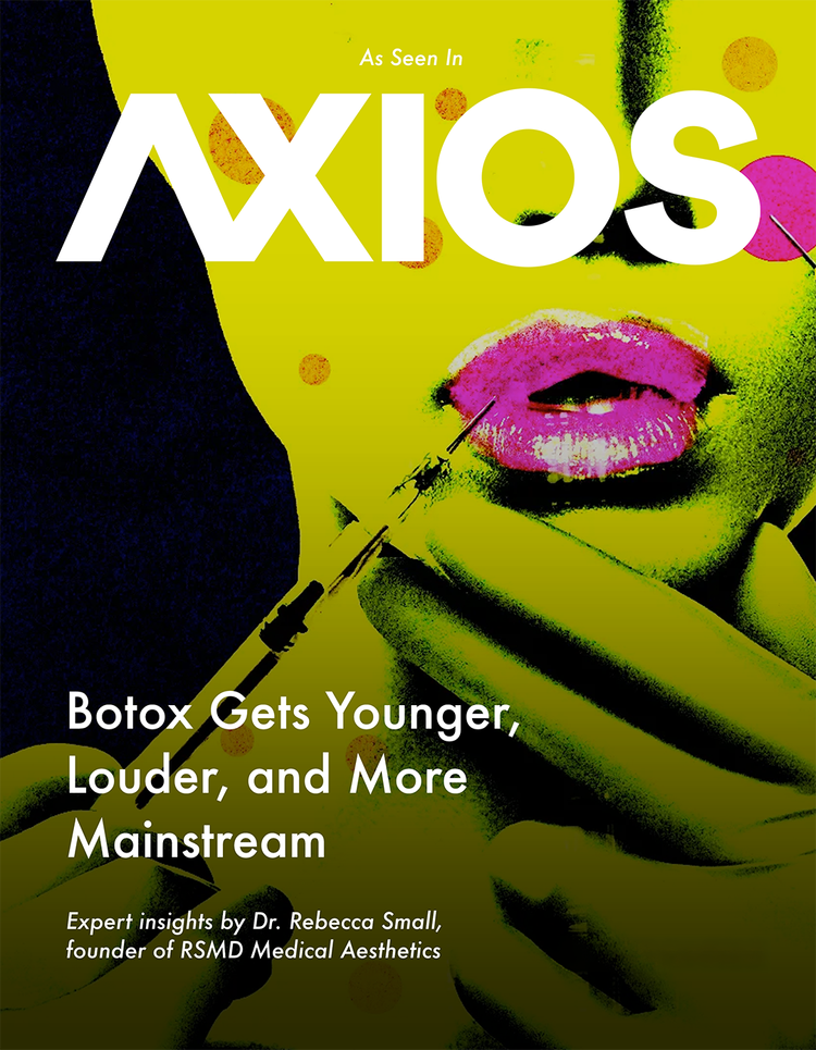 Magazine cover with bright green background, showing a woman receiving a Botox injection near her lips, with large white text that reads 'AXIOS' and smaller text about Botox benefits and expert insights.