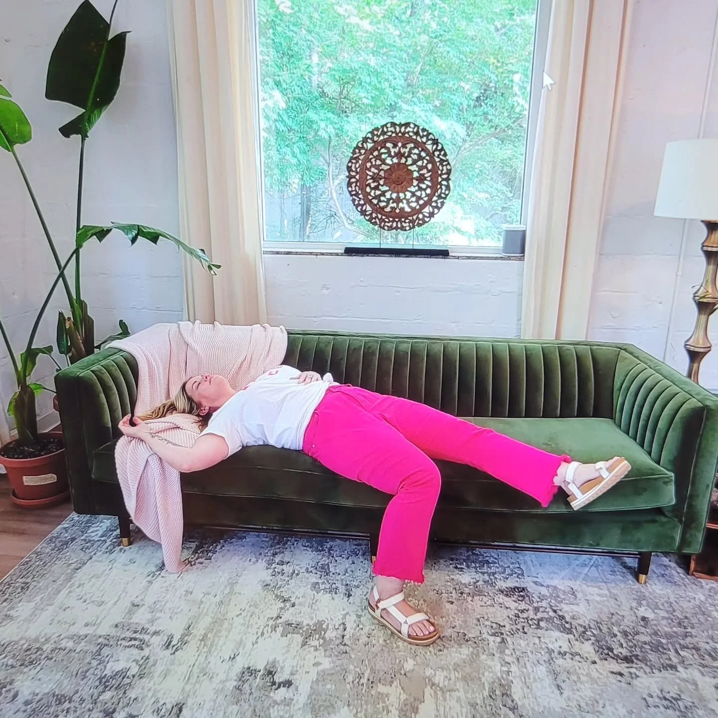 October's got me like... 
Or, is it 2025?? 🫠
This photo popped up when I was searching my photos and typed &quot;yoga&quot; 😅

IF you can identify the couch I am on, I will send you a code for 23% off any session. 
First one with the correct answer