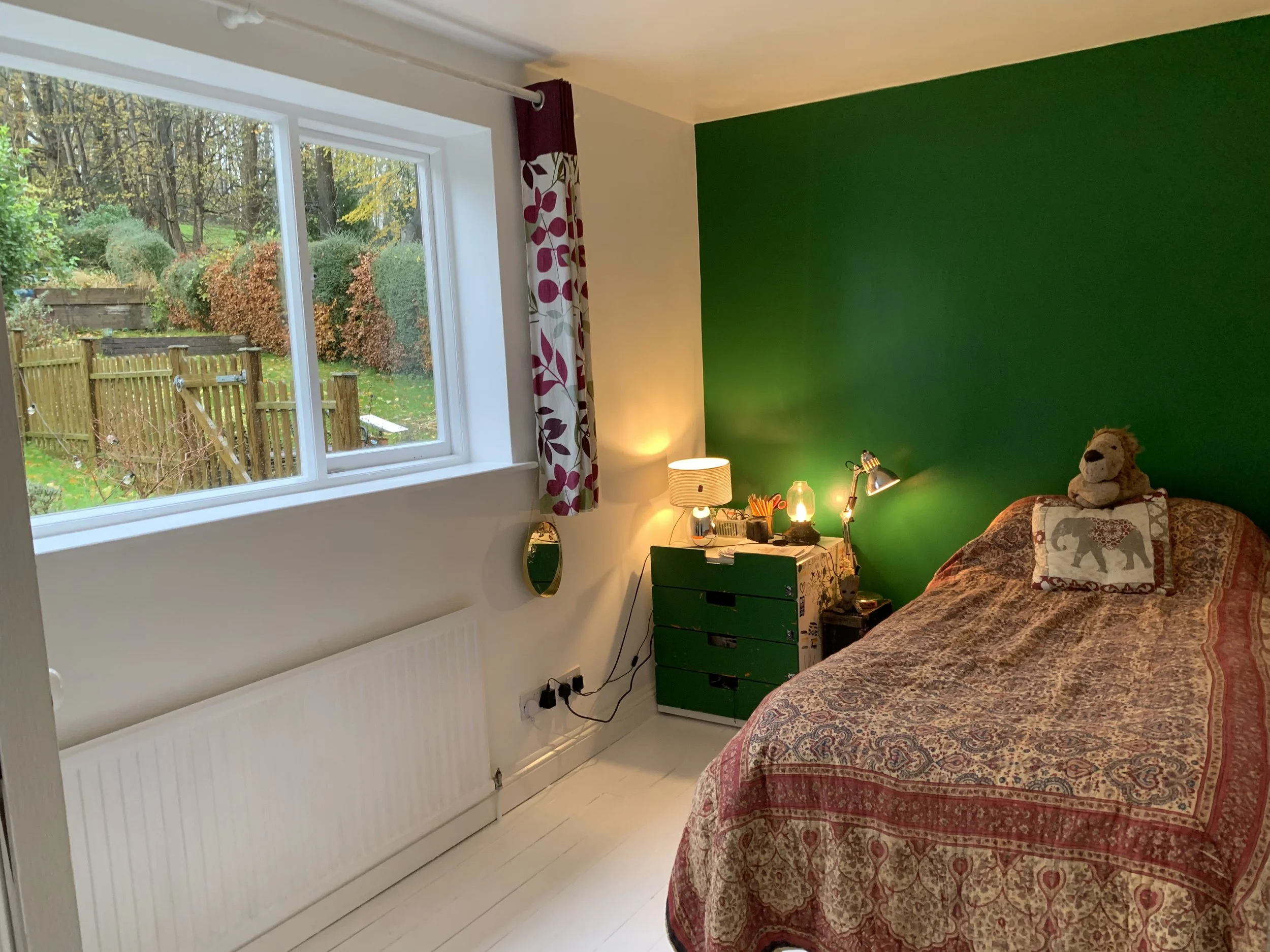Bedroom 5 on first floor facing garden (green wall is now white). 