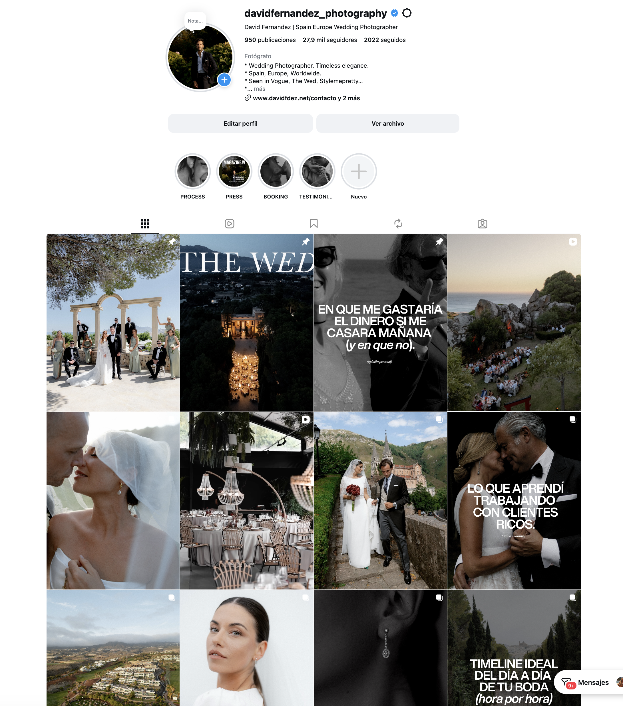 Instagram ddel fotógrafo de bodas David Fernández, con un estilo editorial, atemporal, documental y lujoso. Bodas en Marbella, Mallorca, Ibiza.