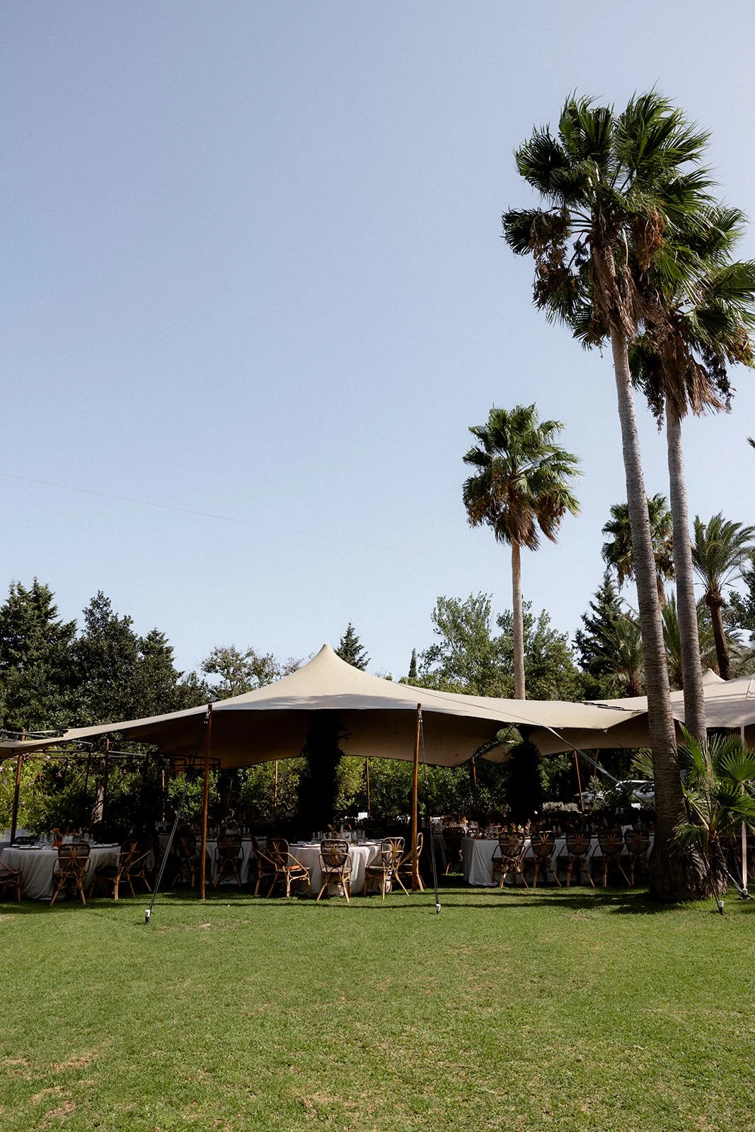 Montaje de carpa espectacular en los jardines de Finca Molino del Duque, Marbella. Diseño de boda exterior con palmeras y mesas redondas gestionado por wedding planner experta.