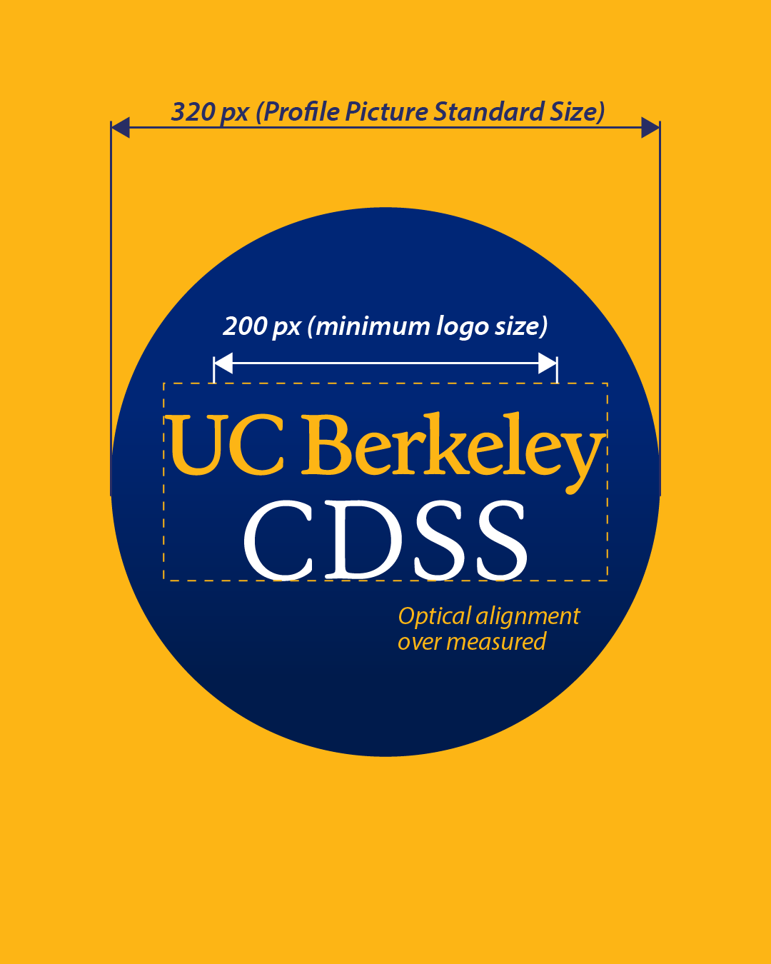Breakdown of UC Berkeley CDSS social media profile picture redesign. Following logo minimum requirements, centering the text optically instead of mathematically, and adding gradient to background.
