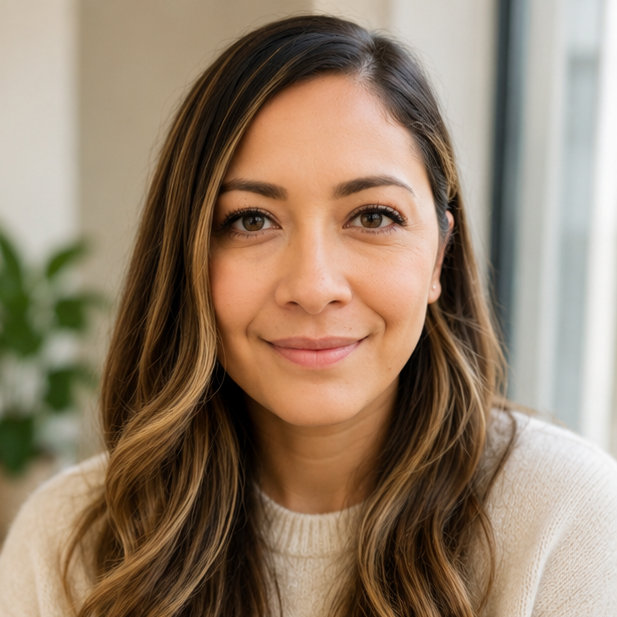 A smiling woman with long wavy hair, wearing a beige sweater, standing indoors near a window with a blurred plant in the background.