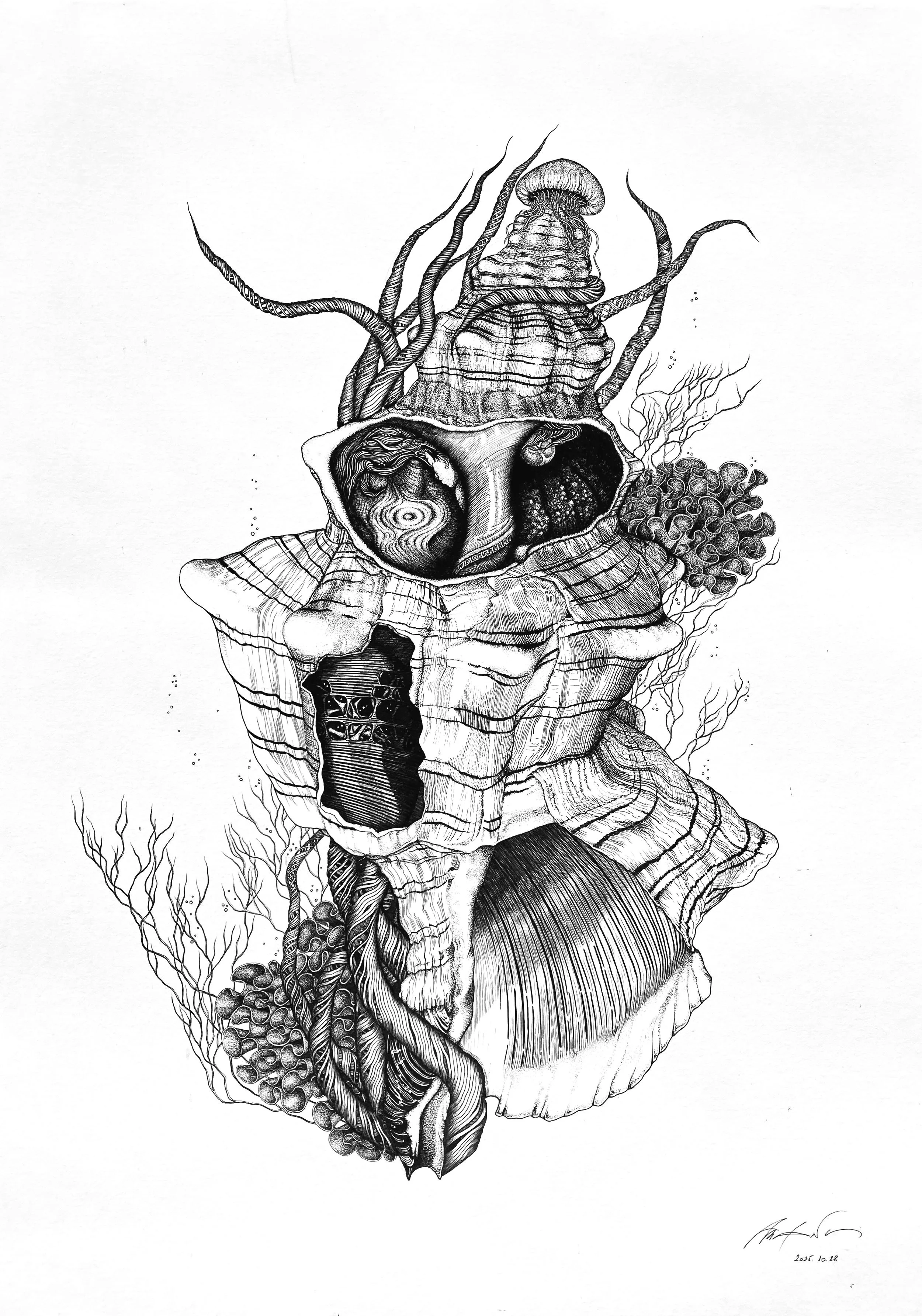 "Womb in a shell" (2025, Ink on paper, 420x590mm)

It began as a shell — a symbol of water, protection, and transformation, then it evolved into a contemplation of the womb — a sacred space of intuition, emotion, and cosmic memory.

Spiritually, the 