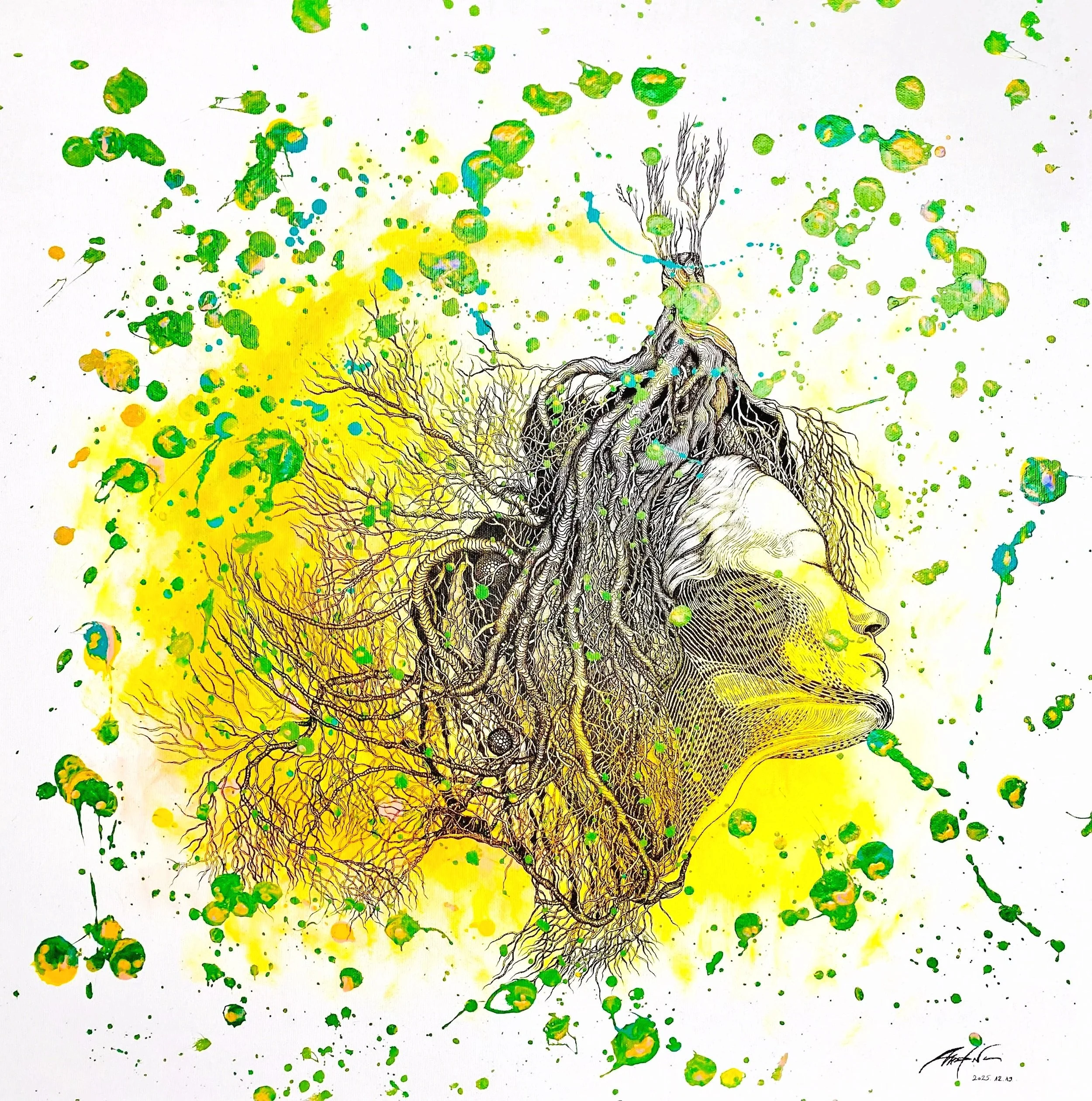 "Stir to Life" (2025, 800×800mm, mixed media on canvas)

There is a quiet energy that sleeps through winter—silent, patient, yet profoundly alive. Beneath the stillness, roots hold their ground, nature rests, and life waits—not in death, but in a sac