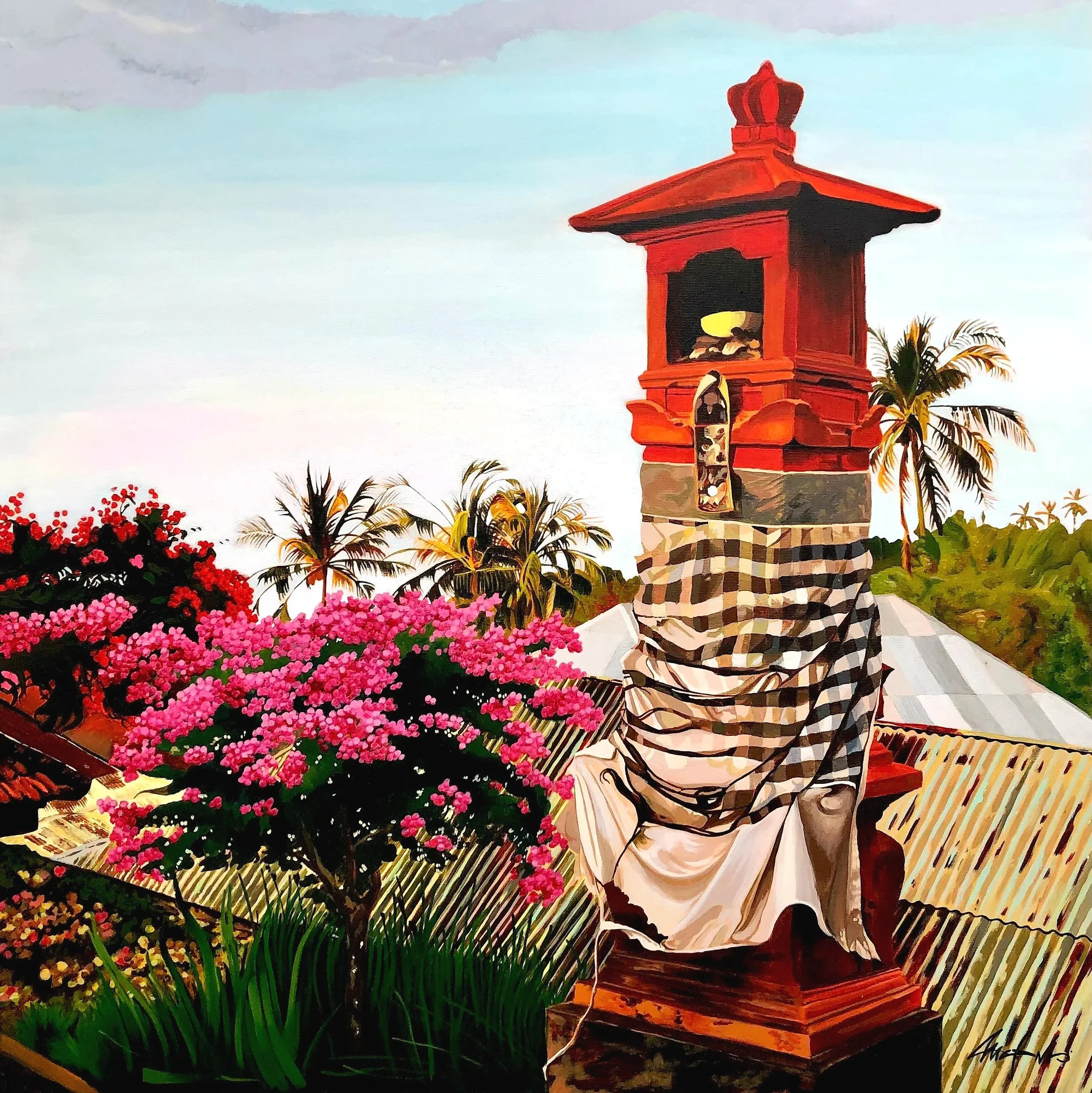 "Sunset Payer" (2026, Acrylic on canvas, 800 x 800 mm) - Inspired by a quiet side street near Tanah Lot, this painting captures the peace and stillness I felt there — warm sunset light, glowing palms, frangipani scent, and a moment of deep inner bala