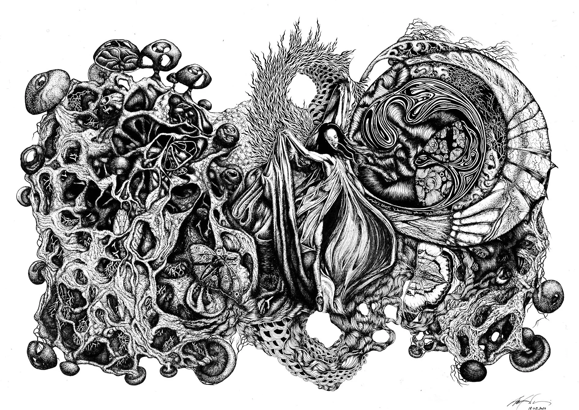 "Taming Butterflies" (2024, Ink on paper, 420 x 594 mm)

The dancing shaman is the complete presence and connectedness with everything. She dances ecstatically, freely without any expectation. The shaman dances unknowingly (yet knowingly), bends the 