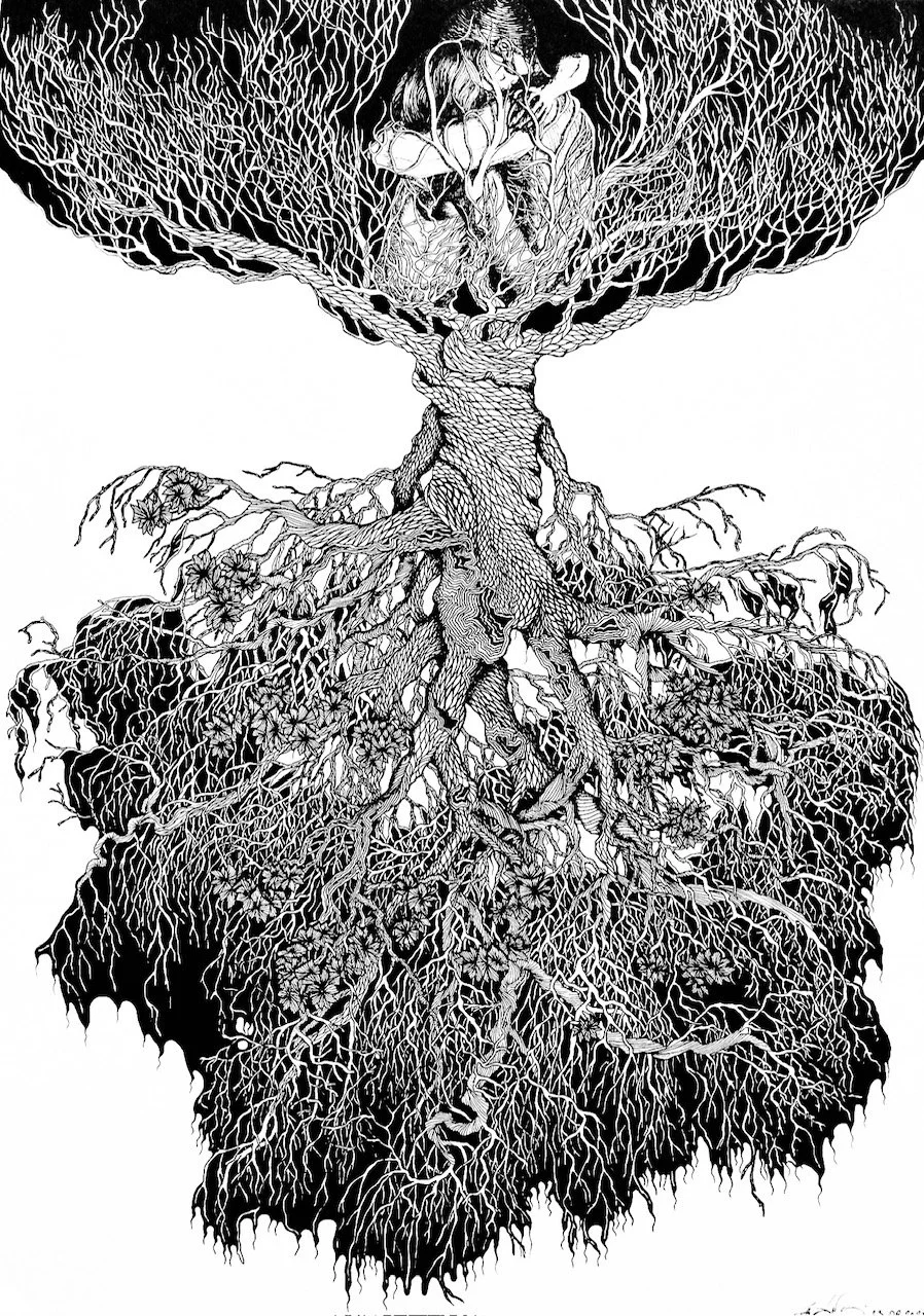 "Grounded in the infinite now" (2023, Ink on paper, 420x290mm)

This piece speaks to the sacred act of remembering, accepting, and moving forward. Our past—whether gentle or painful—forms the soil from which our future grows. Every experience, every 