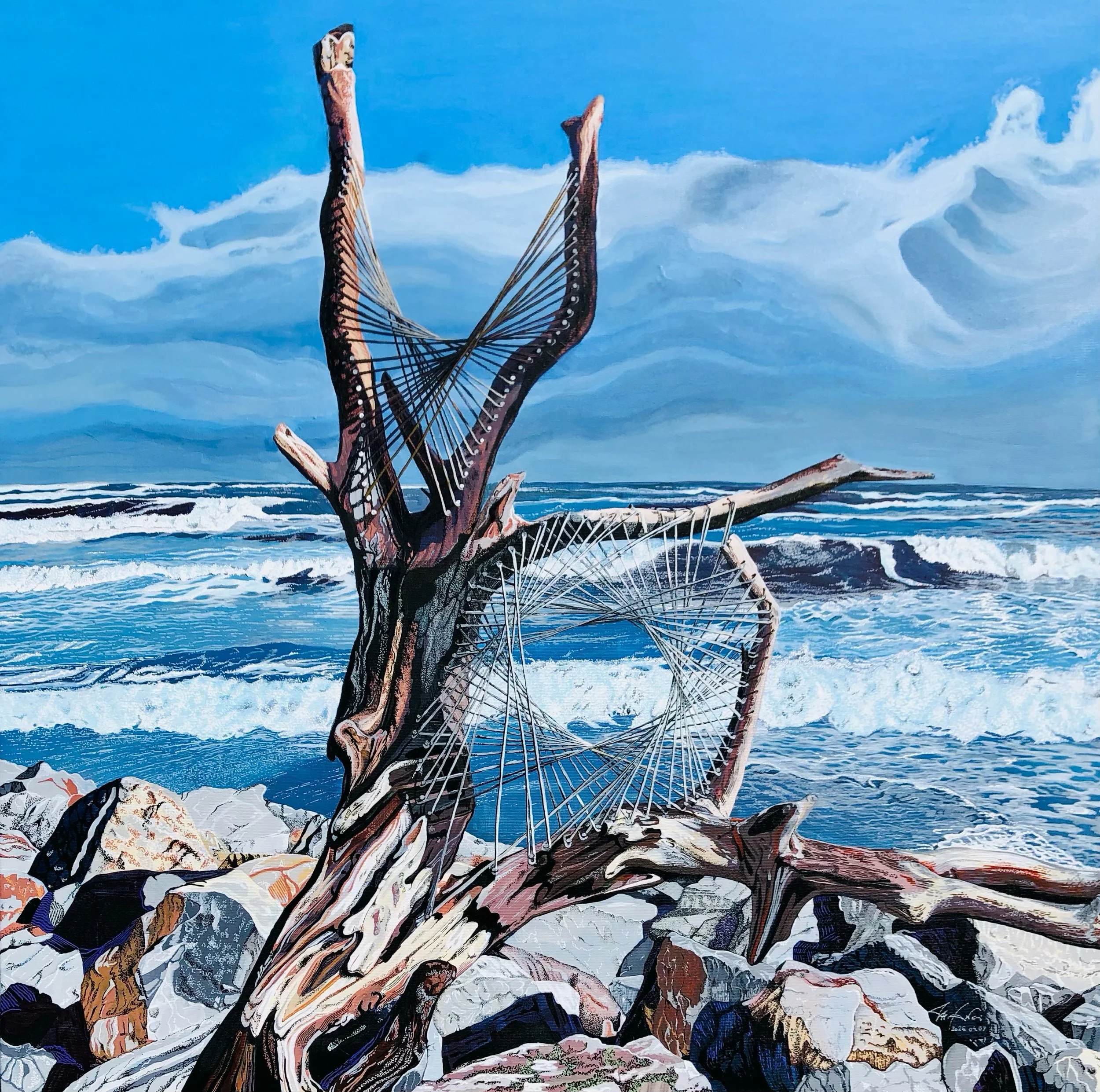 "Solitude in Hokitika" (2026, Mixed media on canvas, 1m x 1m)
Inspired by a moment in Hokitika over 10 years ago, this work captures a deep inner stillness. A driftwood and string sculpture in nature reflects harmony between creation and landscape.
