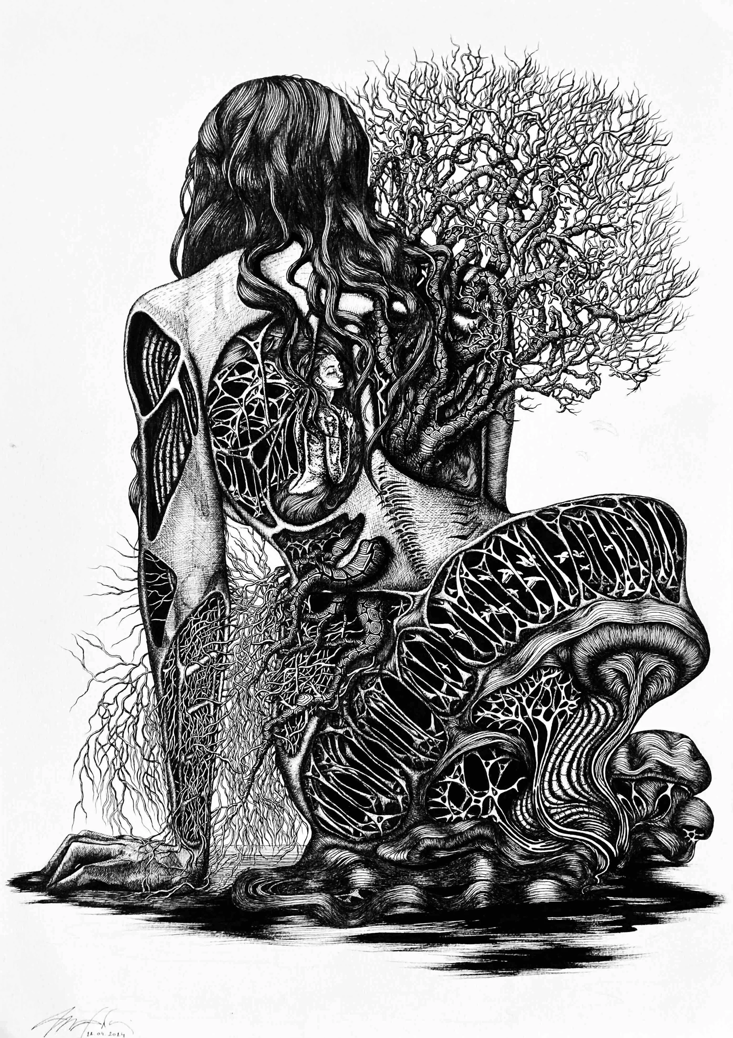 "Annihilation and Rebirth" (2024, Ink on paper, 297x420mm)

In this visual I wanted to celebrate ‘what is’ as it flows through the wires of the self.
All we have is our life. Being here is simple. Yet being here is a constant and mutual arising and f