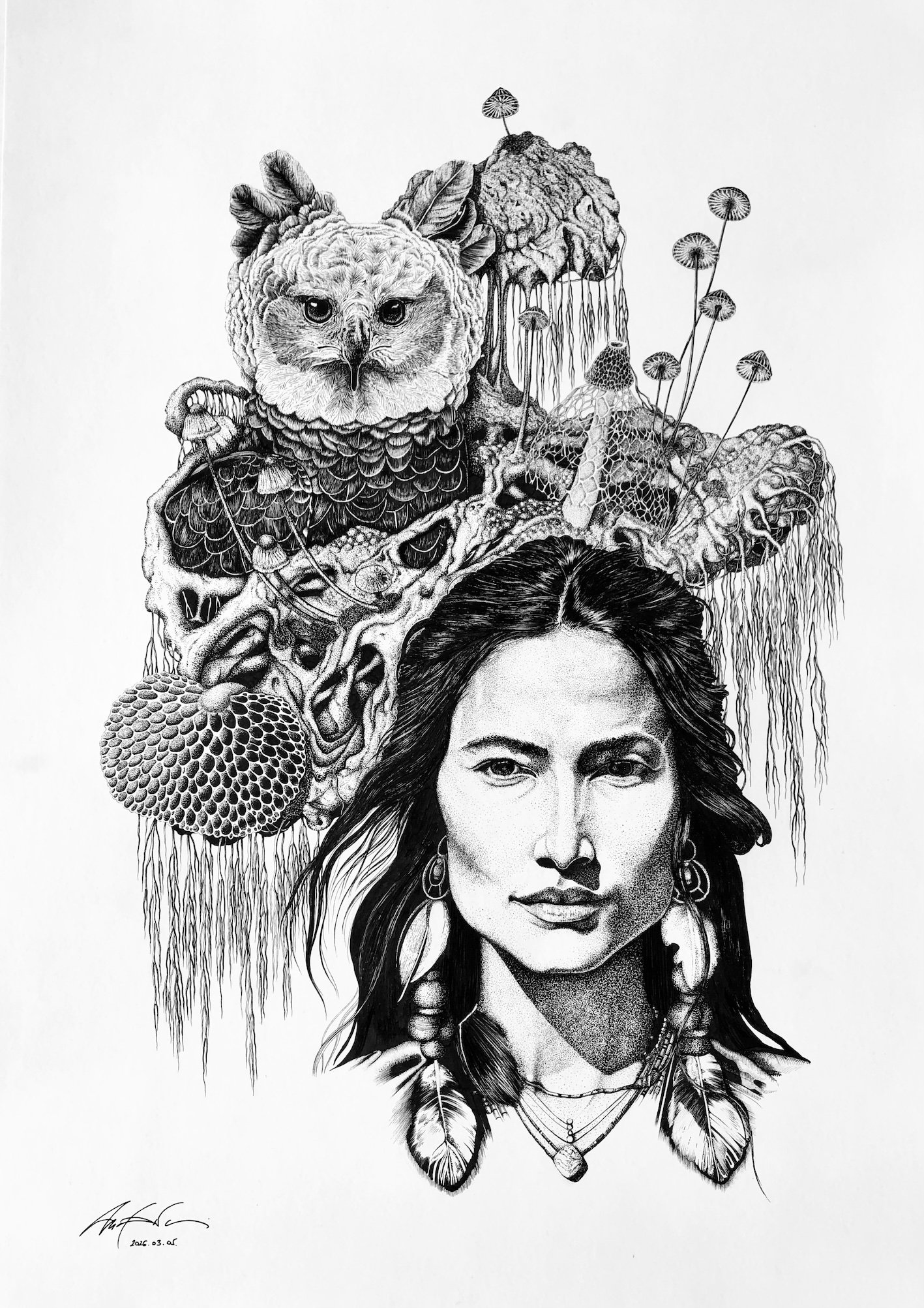 "She who remembers wings" (2026, Ink on paper, 420 x 594 mm)

This piece was born from the idea that the soul moves through many forms.
Once feather, once flesh, once soil.
Nothing truly disappears.

The soil beneath us holds every story.
Roots, myce