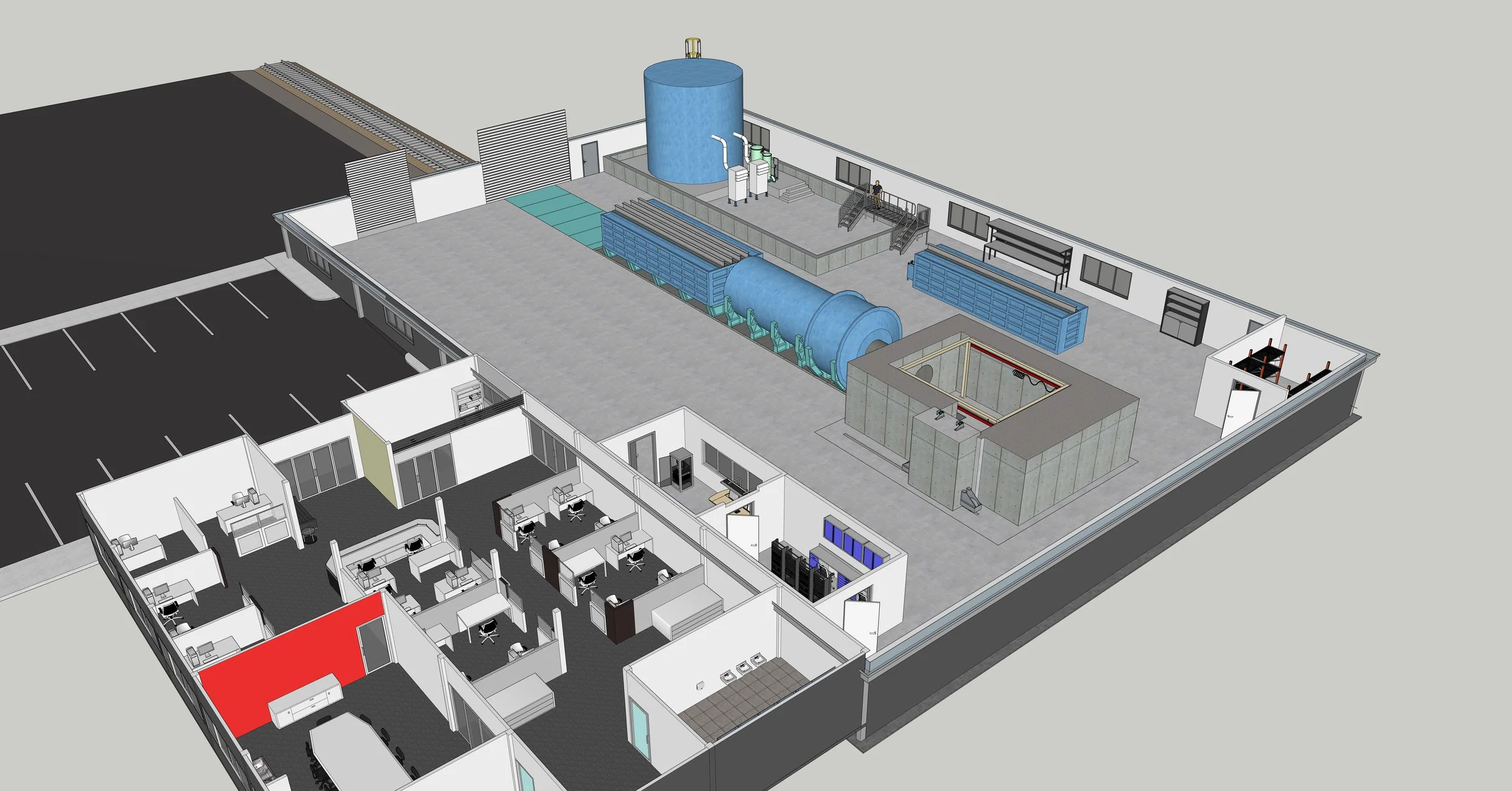 Digital rendering of what appears to be an office and lab space building that includes multiple rooms and various technical equipment.