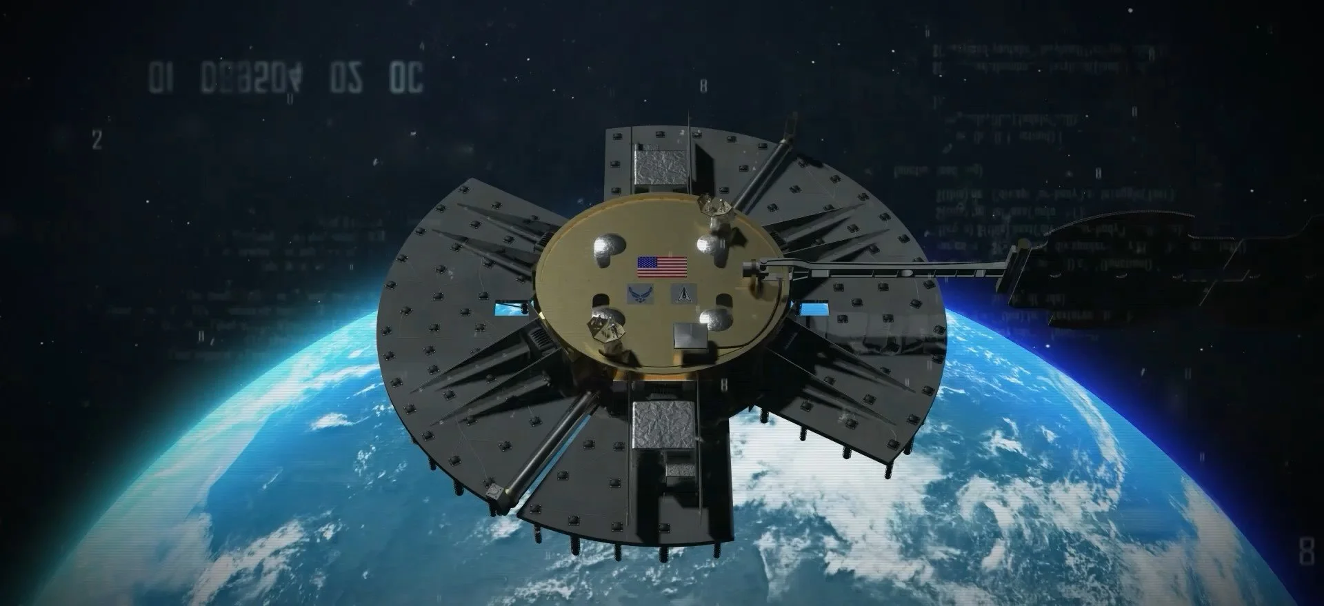 A circular satellite in space with the planet below.