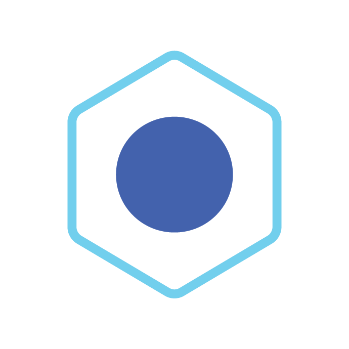 Abstract icon, dark blue hexagon with a light blue ring overlapping on the left and right sides.