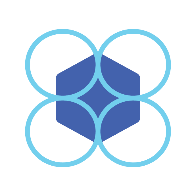 A dark blue circle surrounded by a larger outline of lighter blue hexagon.