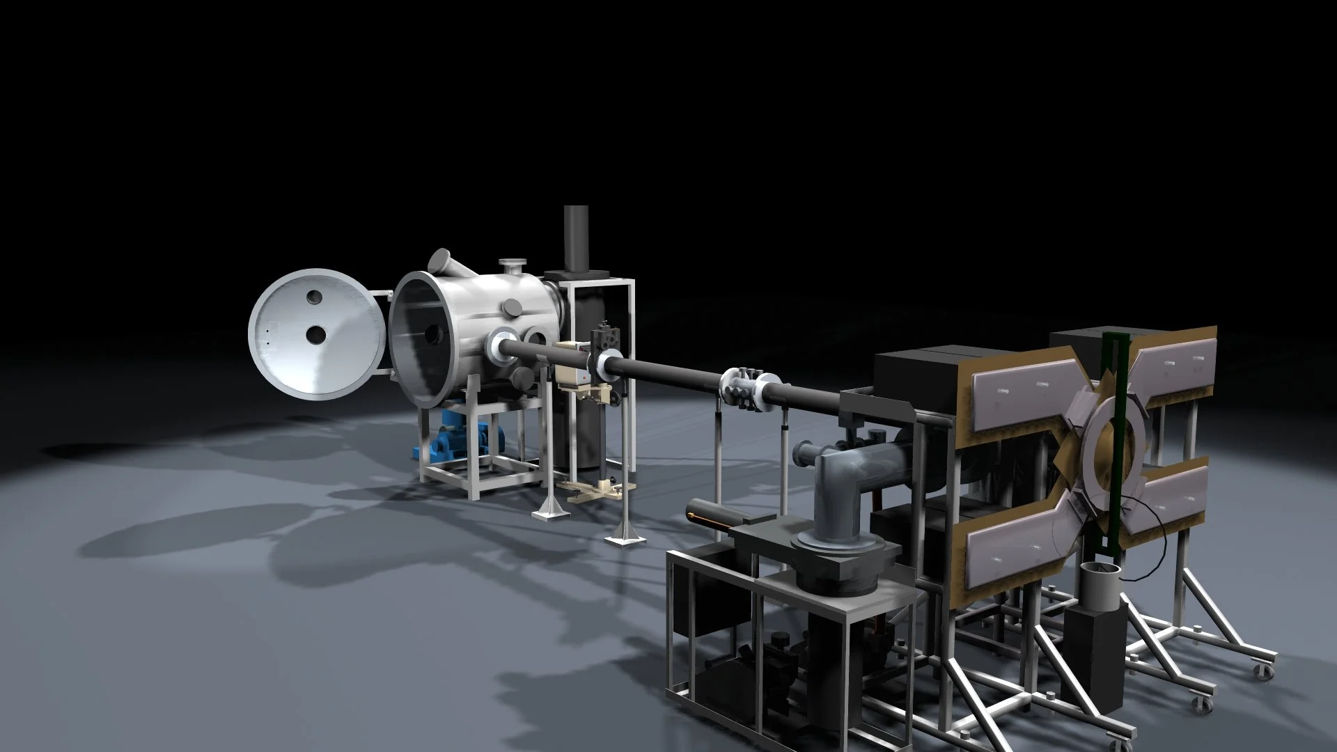A digital rendering of a piece of equipment with various components, pipes, and chambers.
