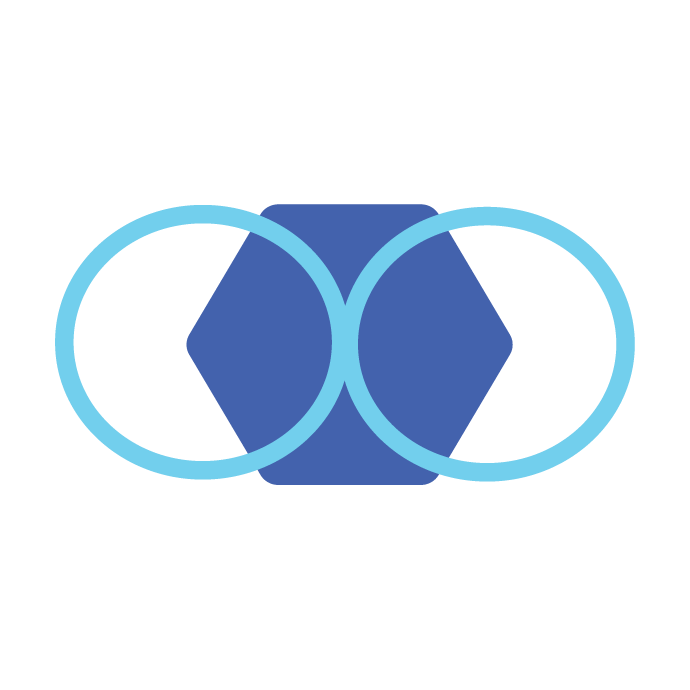 Abstract icon, dark blue hexagon with four blue rings overtop.