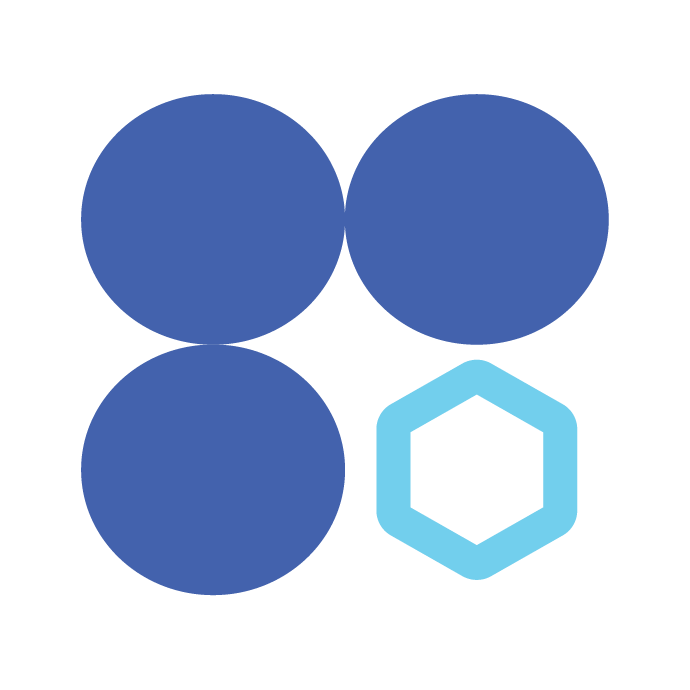 Abstract icon, three blue rings stacked in a line with a darker blue hexagon.