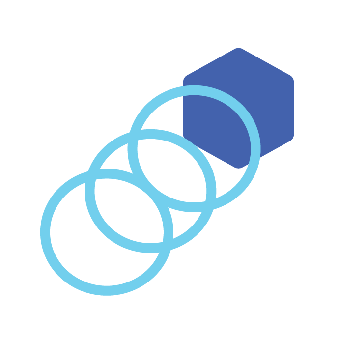 Abstract icon, three blue circles and a lighter blue hexagon in a square shape.