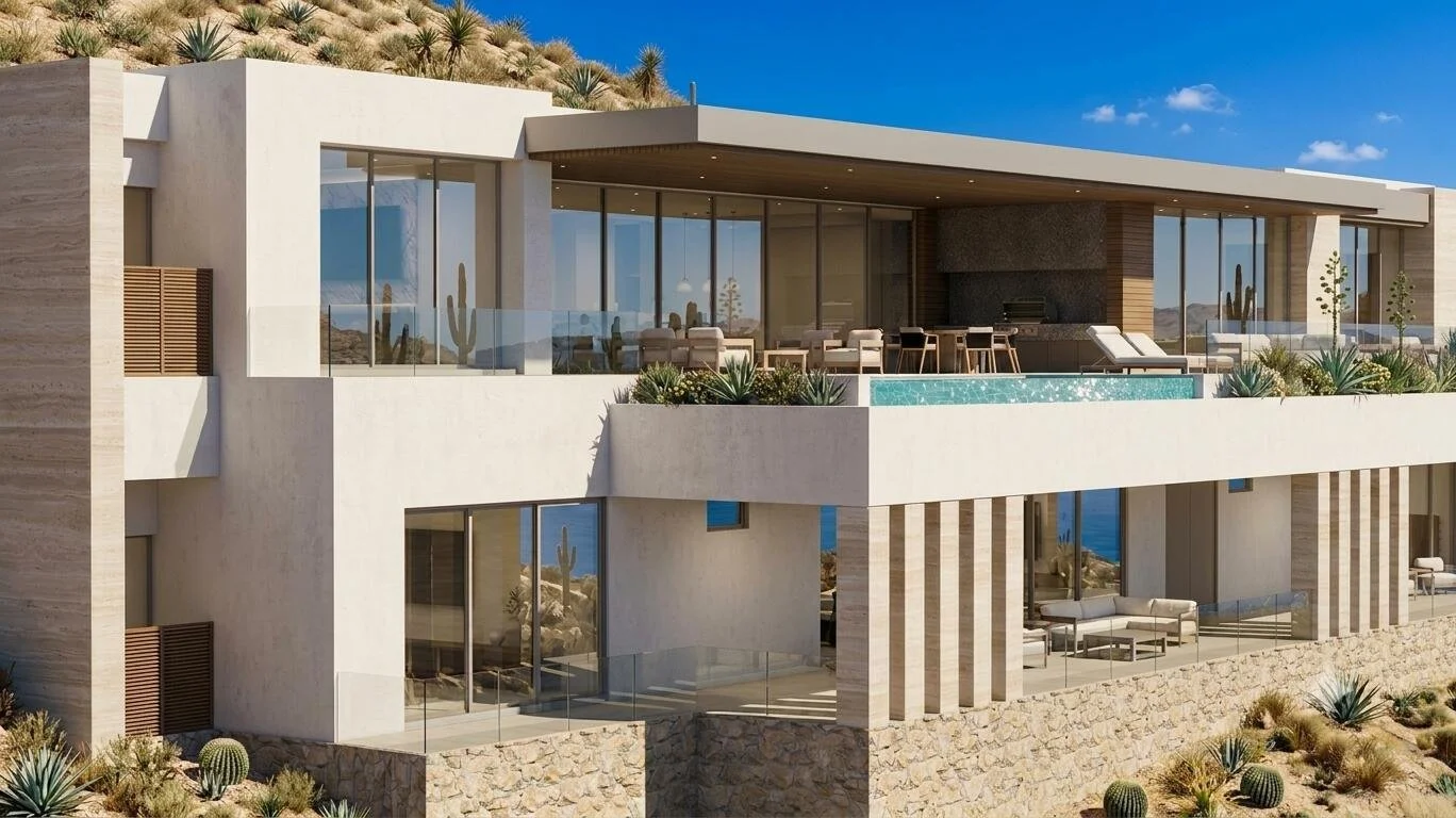 Modern multi-story house with large glass windows, outdoor patio, and swimming pool, situated in a desert landscape with cacti and rocks.