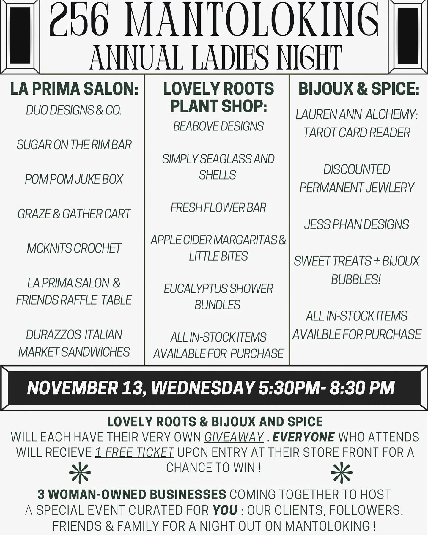 WHAT TO EXPECT AT LADIES NIGHT 🤍

ONE WEEK AWAY!! We are so excited to share what we have in store for you November 13 🤍 Lots of local small businesses, raffles, giveaways, small bites &amp; drinks to treat yourself &amp; enjoy. Three WOMAN-OWNED b