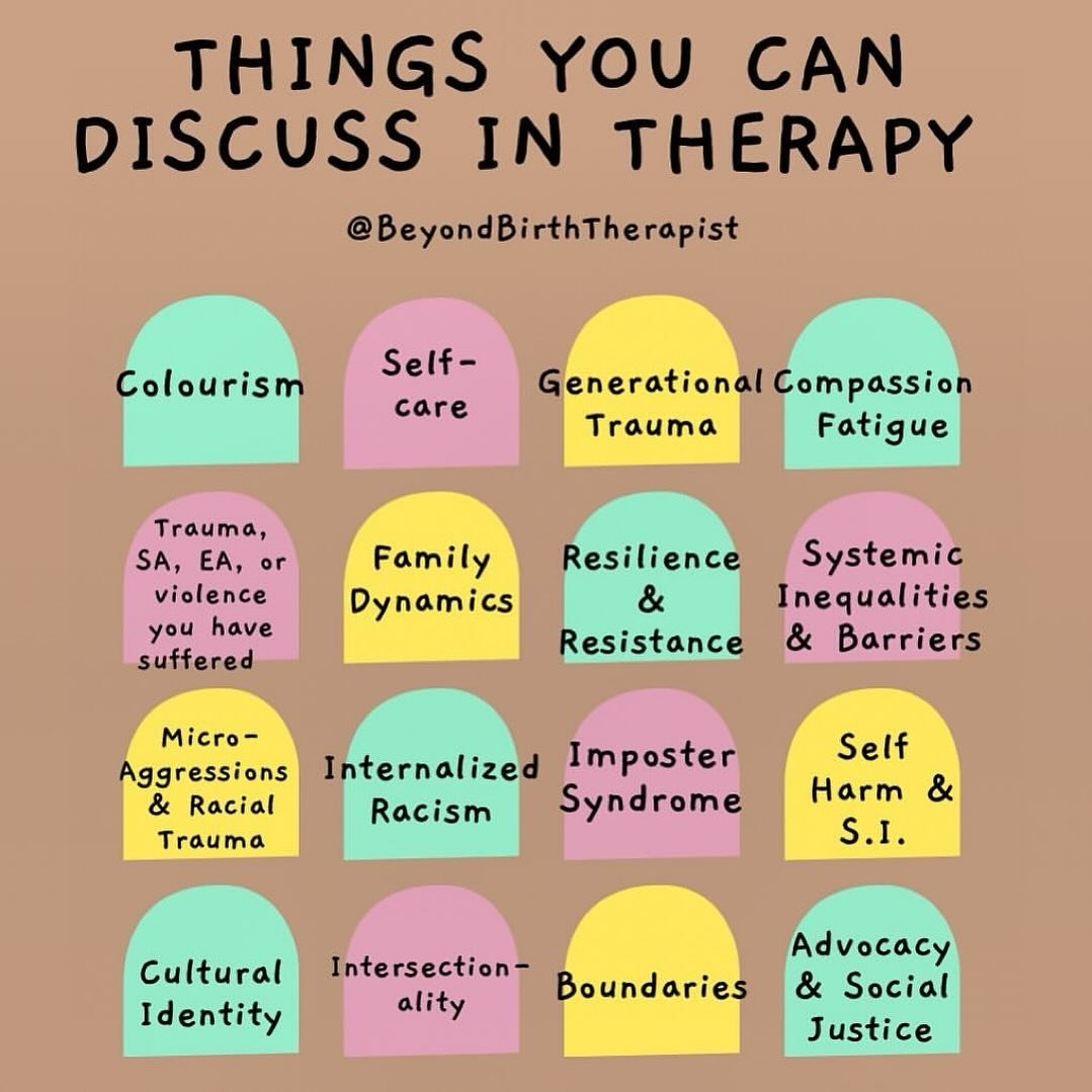 Reposted &bull; @beyondbirththerapist Therapy is a space where you can delve into a range of topics that impact your well-being, particularly those rooted in your unique cultural context. 

From colourism and generational trauma to internalized racis