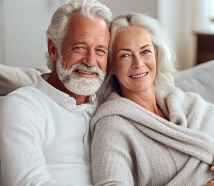 Smiling elderly couple sitting together on a bed, close-up portrait