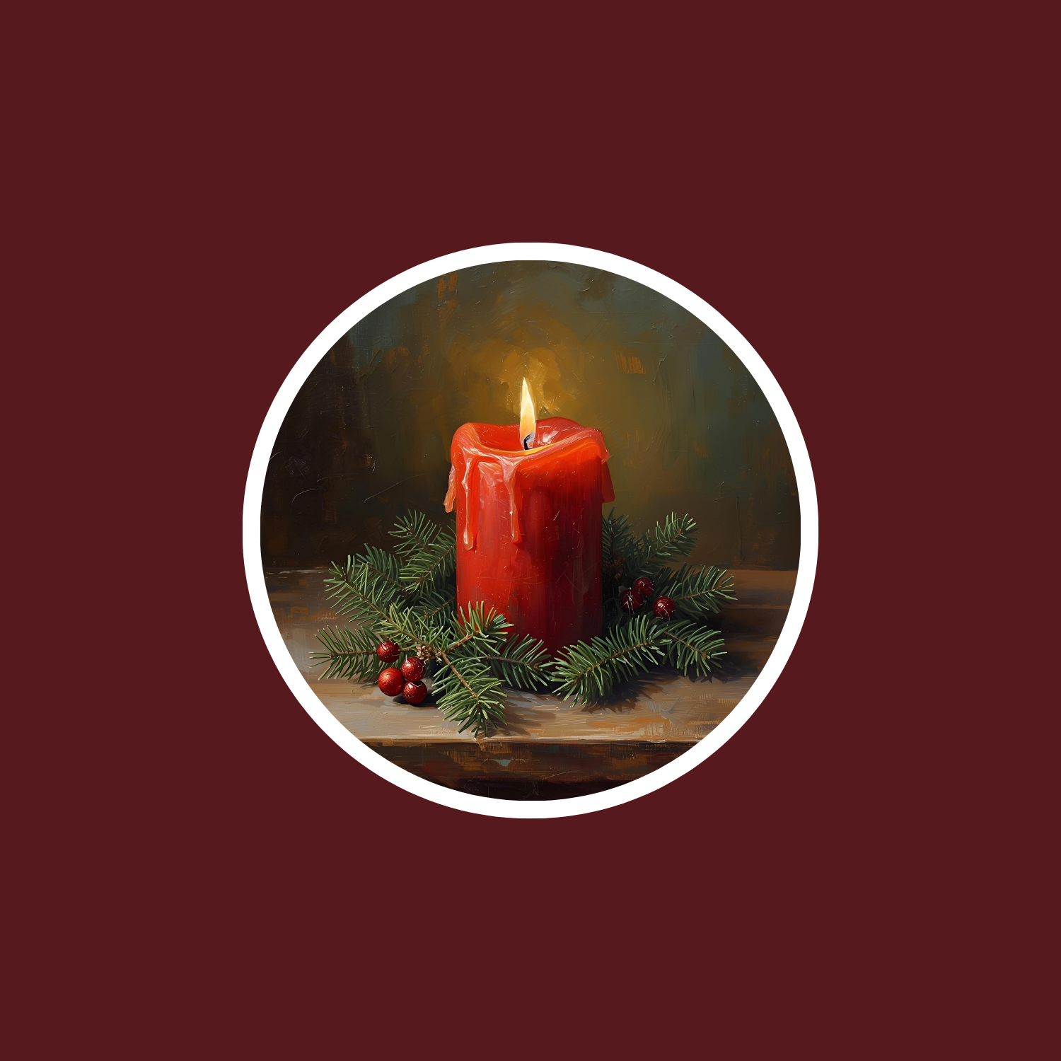 Painting of a lit red candle surrounded by pine branches and red berries.