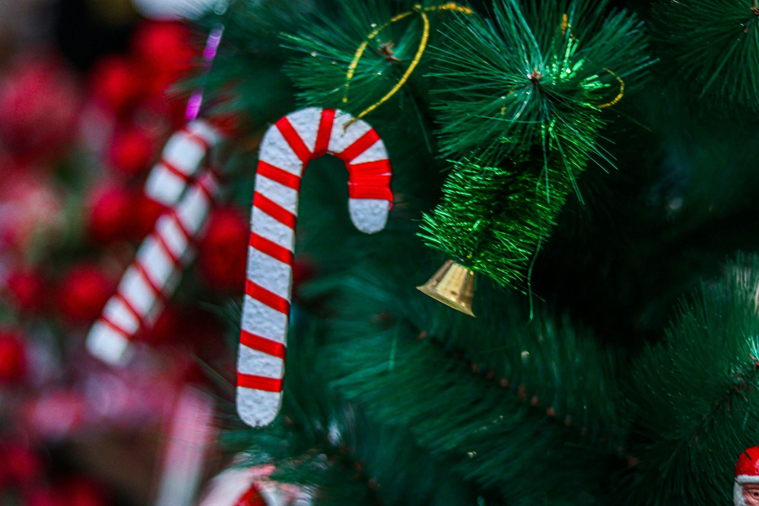 Close-up of a decorated Christmas tree with candy cane ornaments, a small golden bell, green tinsel, and red blurred background.