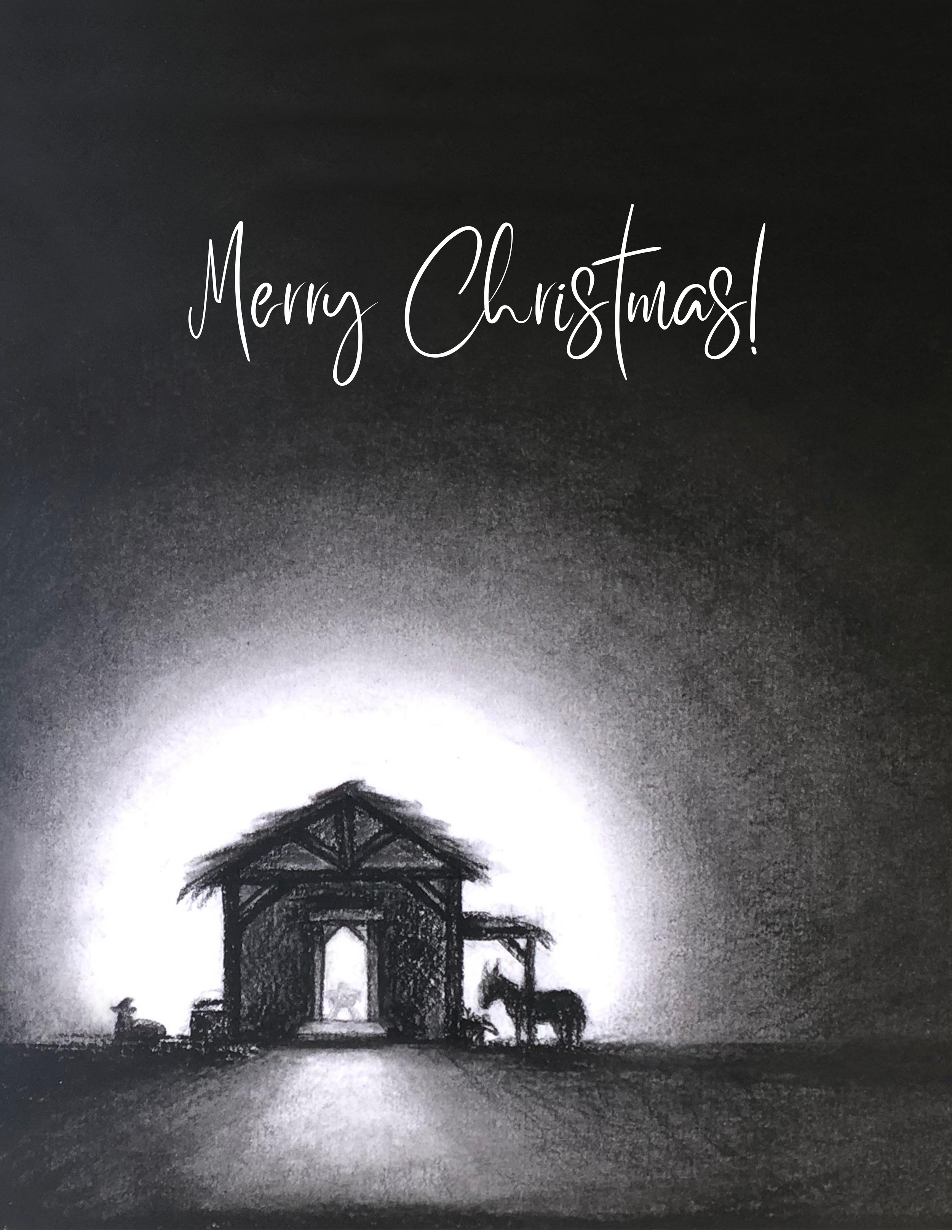 Black and white drawing of a nativity scene with a barn, a star on a stable roof, and silhouettes of animals and a shepherd, with a "Merry Christmas!" message at the top.