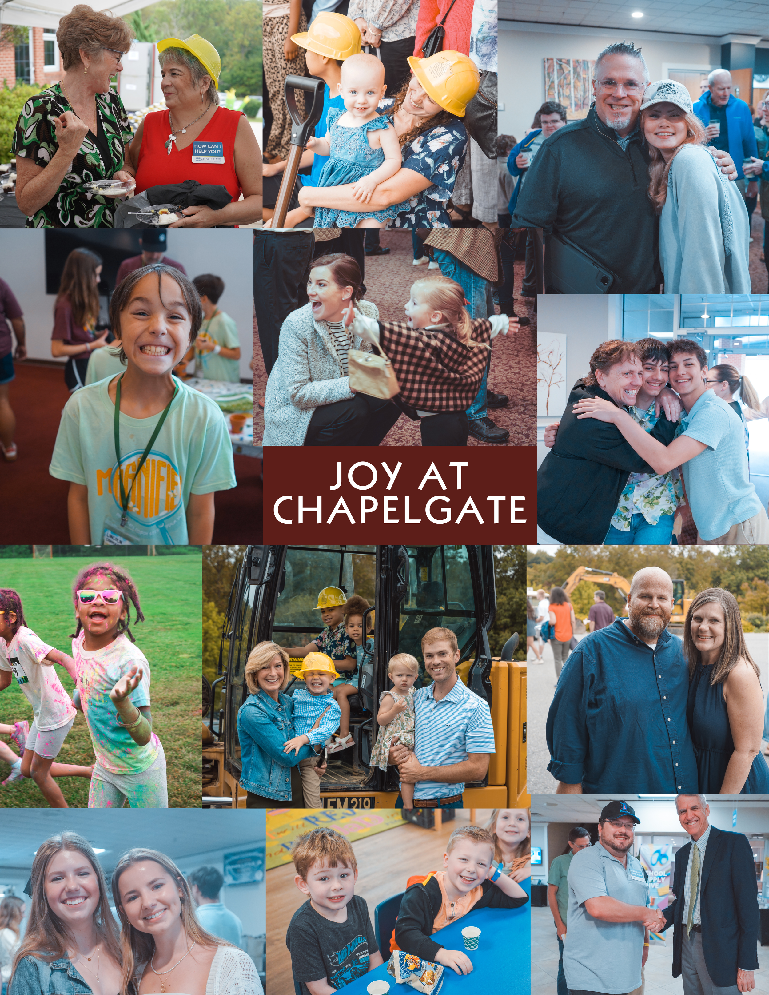 Group of people at a community event with children playing, adults socializing, and activities like construction equipment and food stalls, all under banners indicating a celebration at Chapelgate.