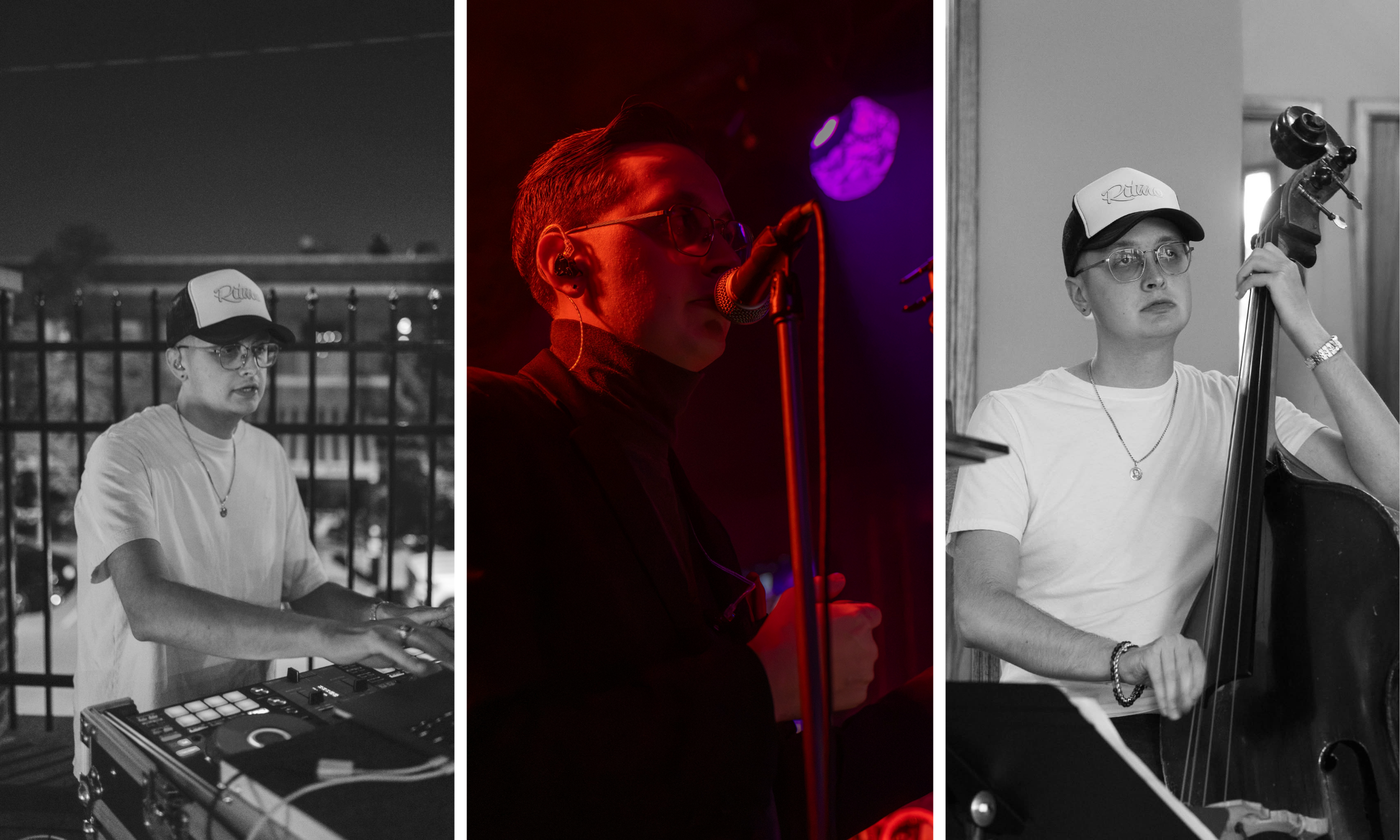Triptych portrait of a musician performing on electronic equipment, singing into a microphone, and playing double bass.