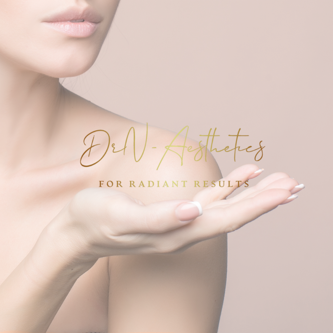 Close-up of a woman's bare shoulder and hand with text overlay that reads 'DeW-Aesthetics for Radiant Results'.