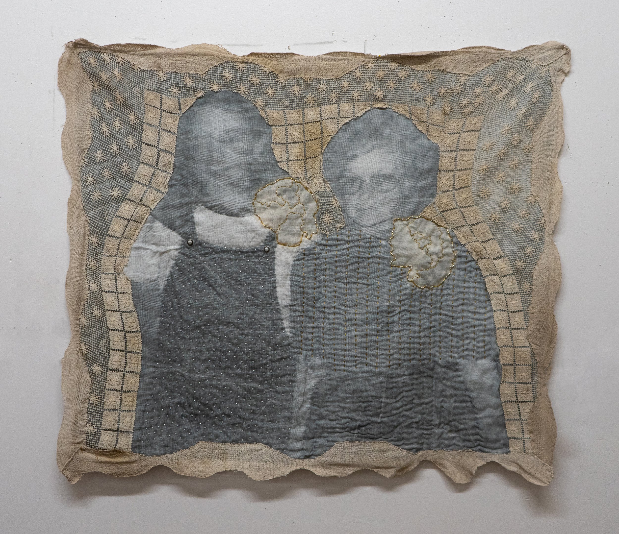 Three Generations,
Inkjet print on linen quilt, heirloom table cloth, beading,
2023