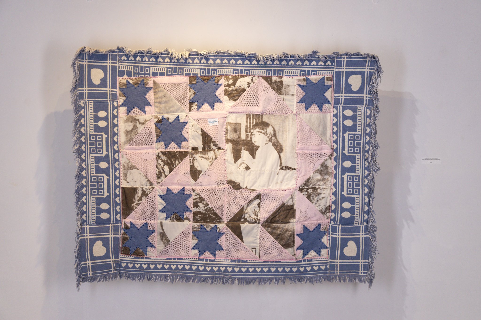 Coming Home (I know I can never go back),
Screen print on fabric quilt with repurposed fabrics: baby blankets, woven blanket, bed sheets,
2025