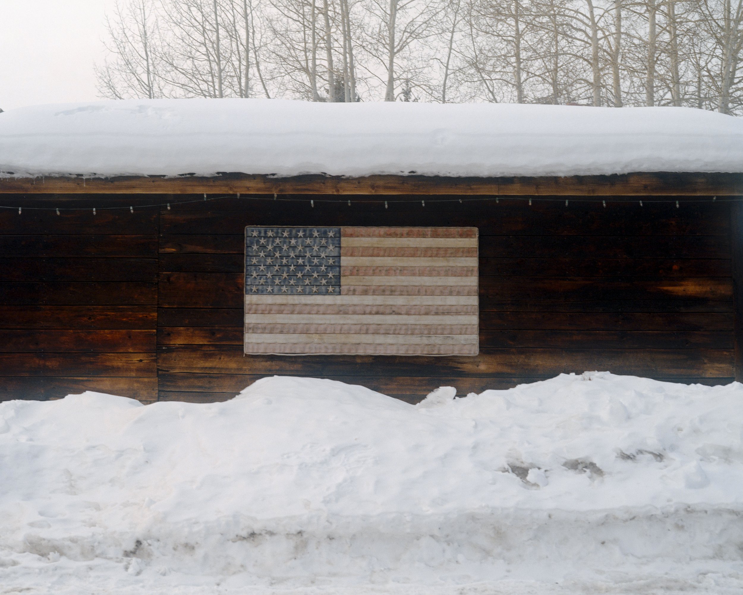 Cabane en bois avec un drapeau américain en relief accroché à l'extérieur, entourée de neige, arbres dénudés au fond.
