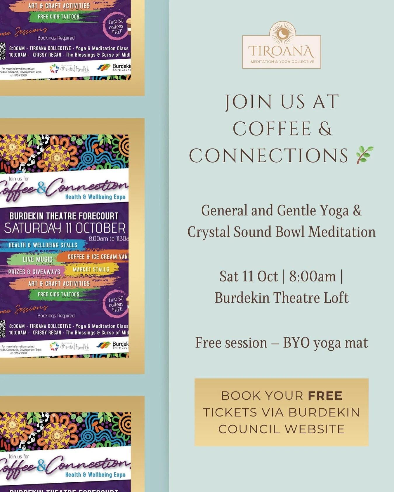 🌿✨ Join me for a morning of community, connection, and gentle wellbeing ✨🌿

I&rsquo;ll be guiding a general yoga and crystal sound bowl meditation at the Coffee &amp; Connections Health &amp; Wellbeing Expo 🌸

🗓 Saturday 11 October
⏰ 8:00am start