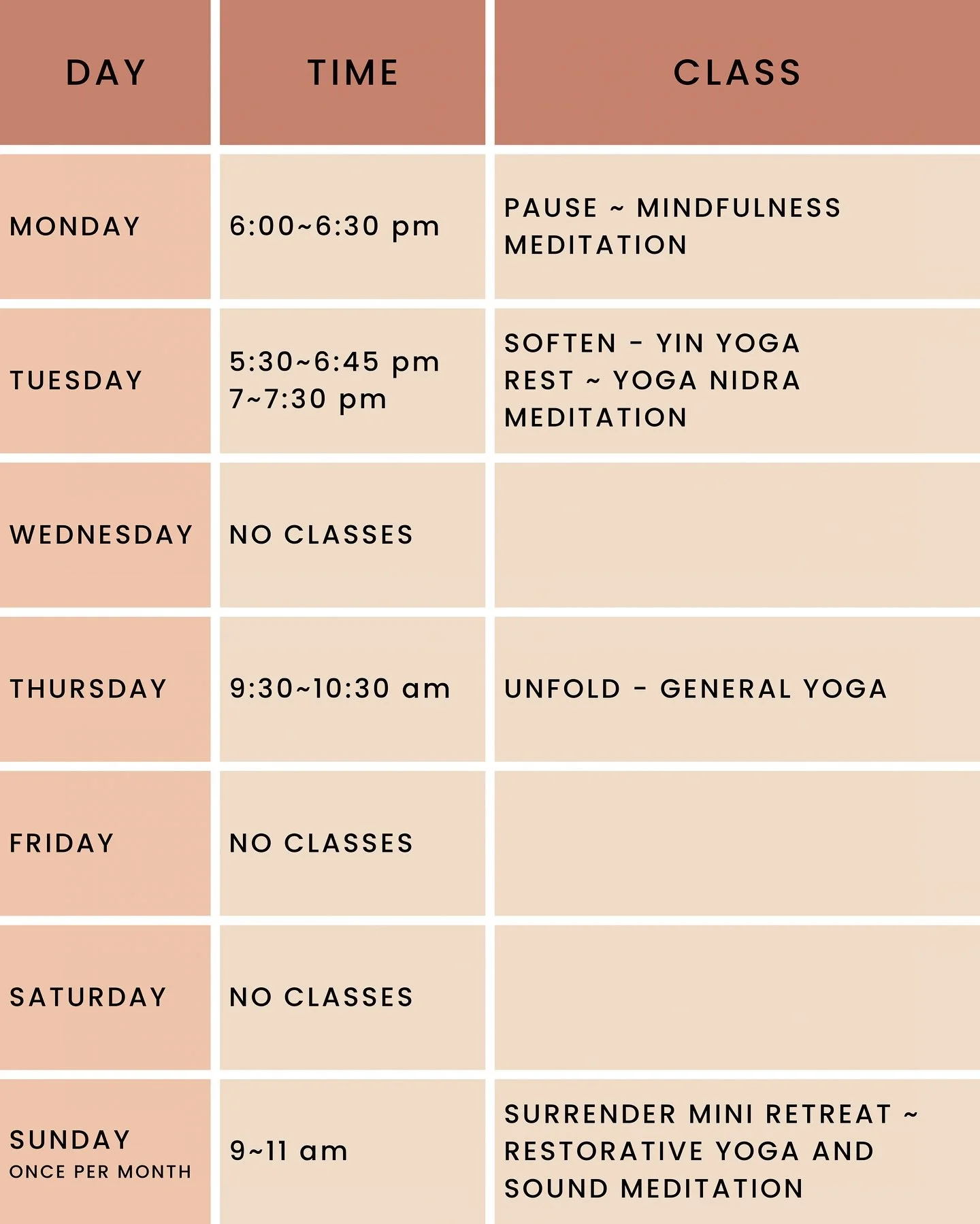 ✨ Tiroana Studio &ndash; Current Timetable ✨
A sanctuary to pause, breathe, and reconnect.

🌿 Weekly Classes
&bull; PAUSE &ndash; Mindfulness Meditation
Tuesdays 6 pm (30 min)
Helpful if you&rsquo;ve tried meditation before, though beginners are gui