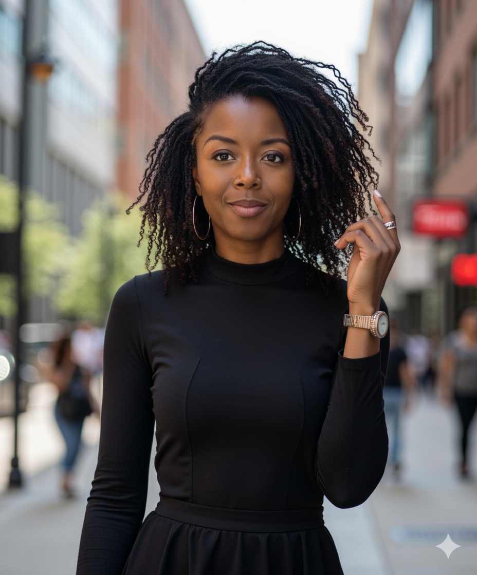 A confident African-American woman with microlocs standing on a city street, wearing a black long-sleeve dress, hoop earrings, a wristwatch, and a ring, with blurred pedestrians in the background.