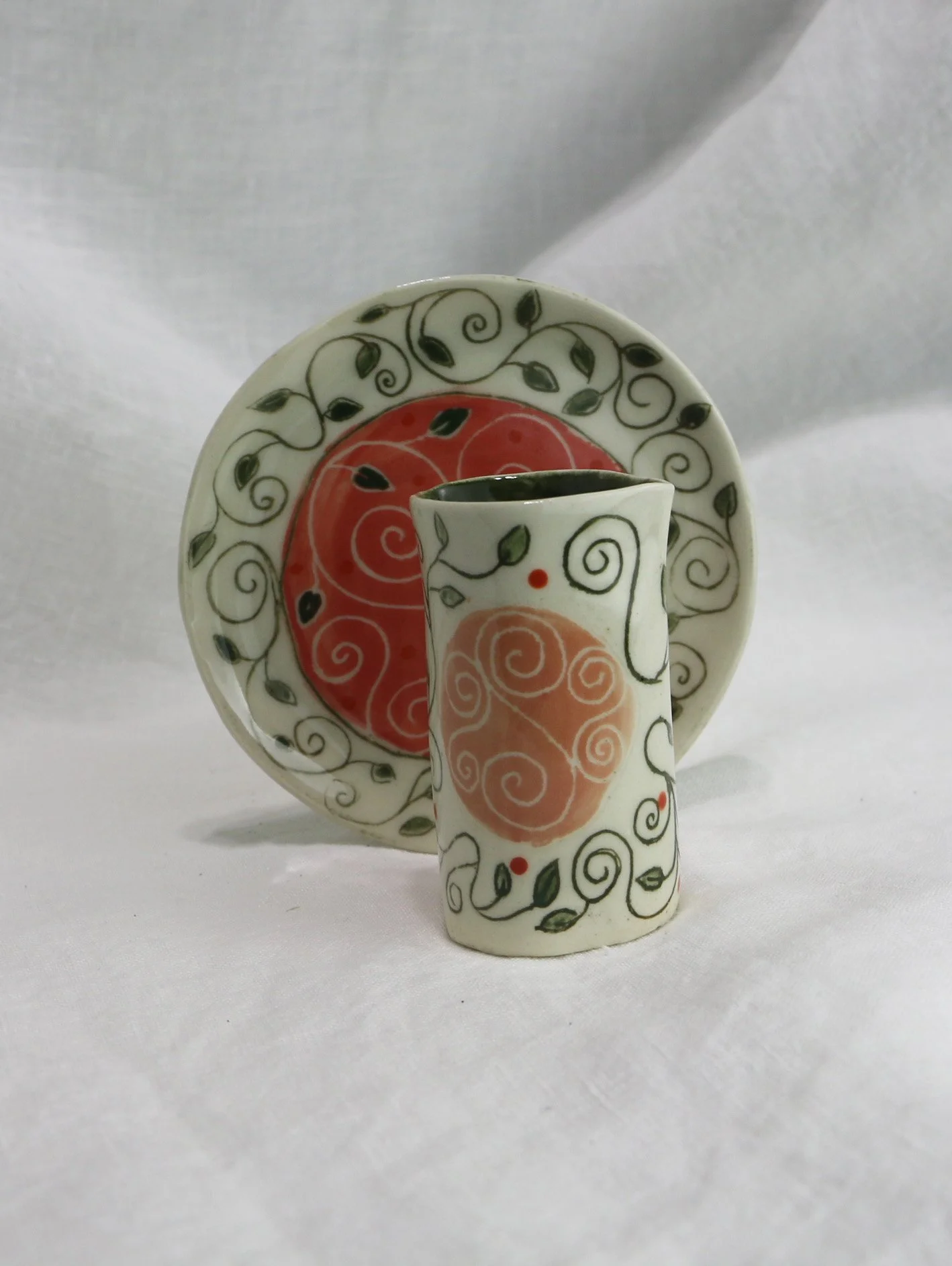 Tiny cream pitcher, pink and green