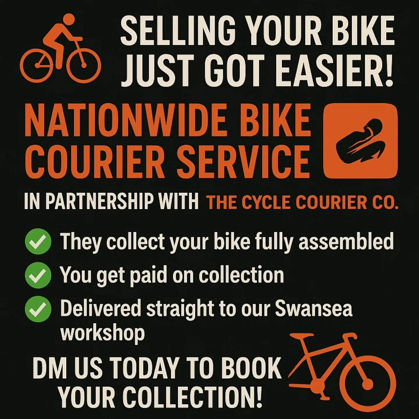 🚴&zwj;♂️ Selling Your Bike Just Got Easier!
If you&rsquo;re based outside our area, we now offer a bicycle courier service in partnership with The Cycle Courier co

✅ They&rsquo;ll collect your bike fully assembled
✅ Pay you on collection
✅ Deliver 