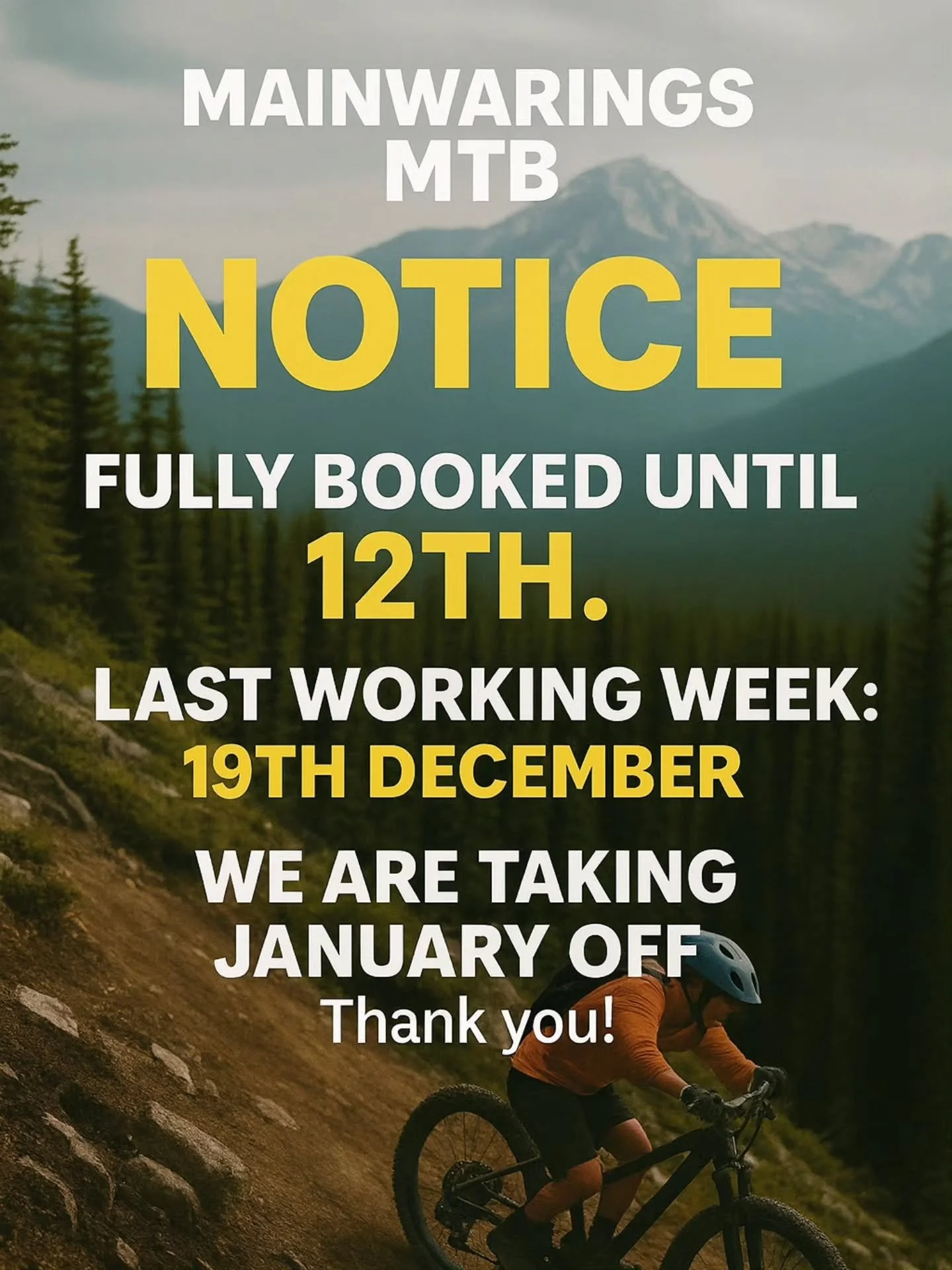 🚨 IMPORTANT UPDATE &ndash; PLEASE READ 🚨

We are now fully booked until the 12th of December ✅
Our last working week will run until the 19th of December 🗓️
And then&hellip; we are taking January off ❄️

Thank you all for the incredible support thi