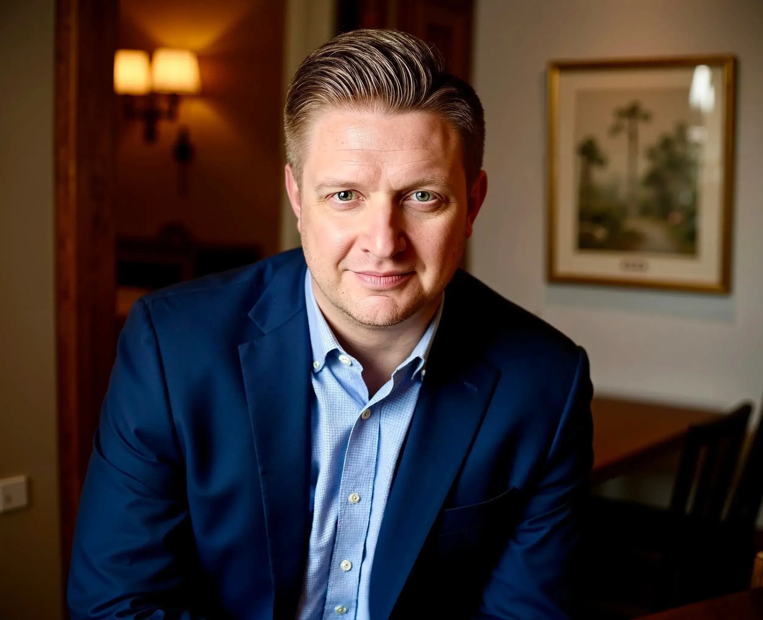 A man with styled light brown hair, blue eyes, wearing a dark suit and light blue shirt, smiling indoors with a framed picture of trees on the wall behind him.