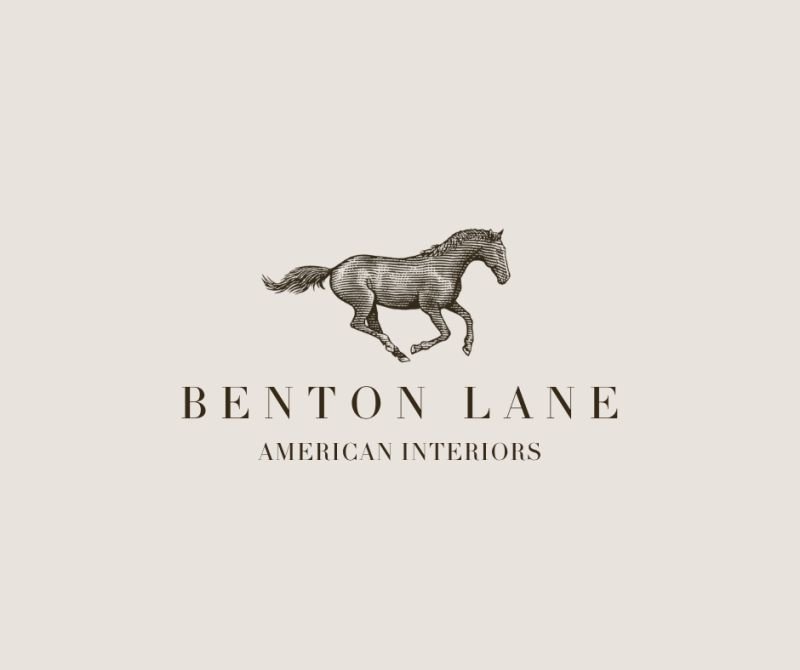 Logo for Benton Lane American Interiors featuring a running horse illustration and styled text.