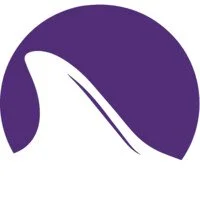 Purple circle with a white abstract wave or swoosh design inside.
