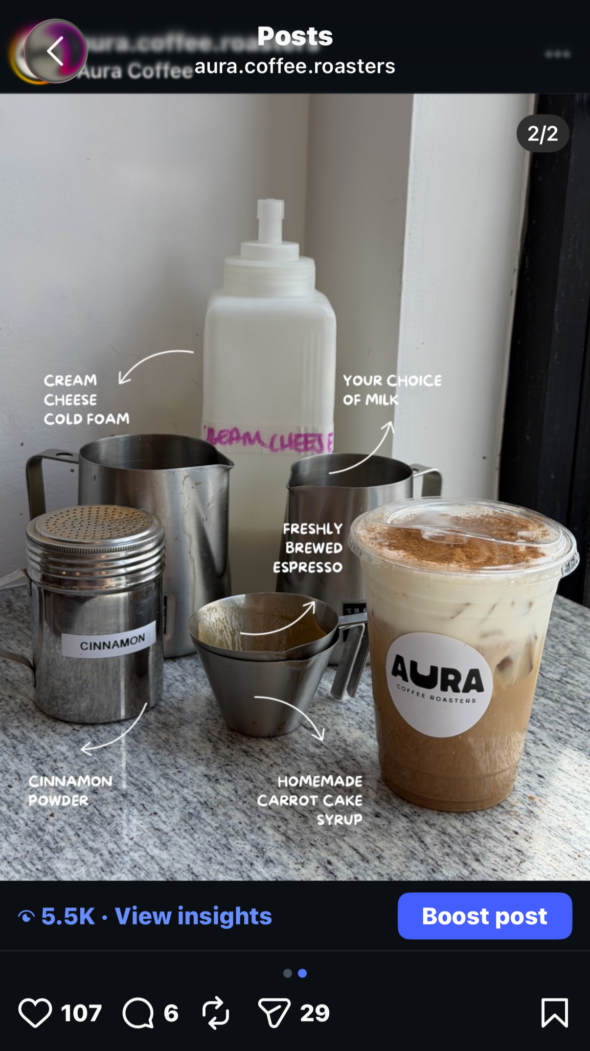 "Here's a look at what goes into our new carrot cake latte!" - Aura Coffee Roasters Instagram