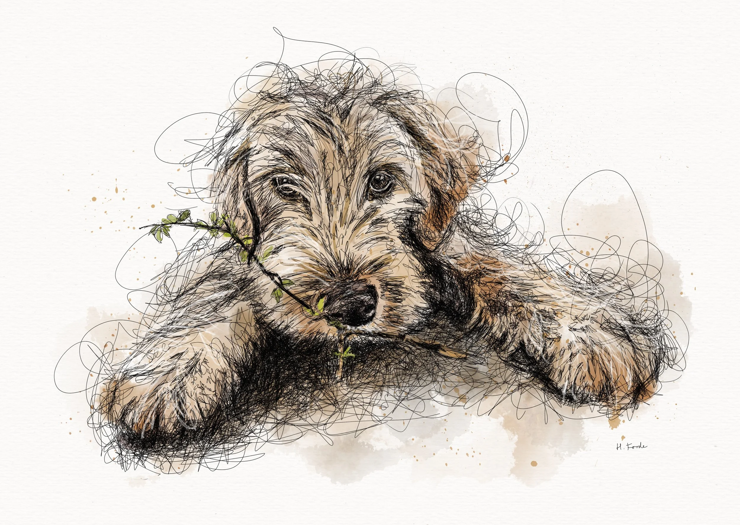 A digital sketch of a cute puppy lying down, with a branch in its mouth, drawn with loose, expressive lines and watercolor splashes on a white background.
