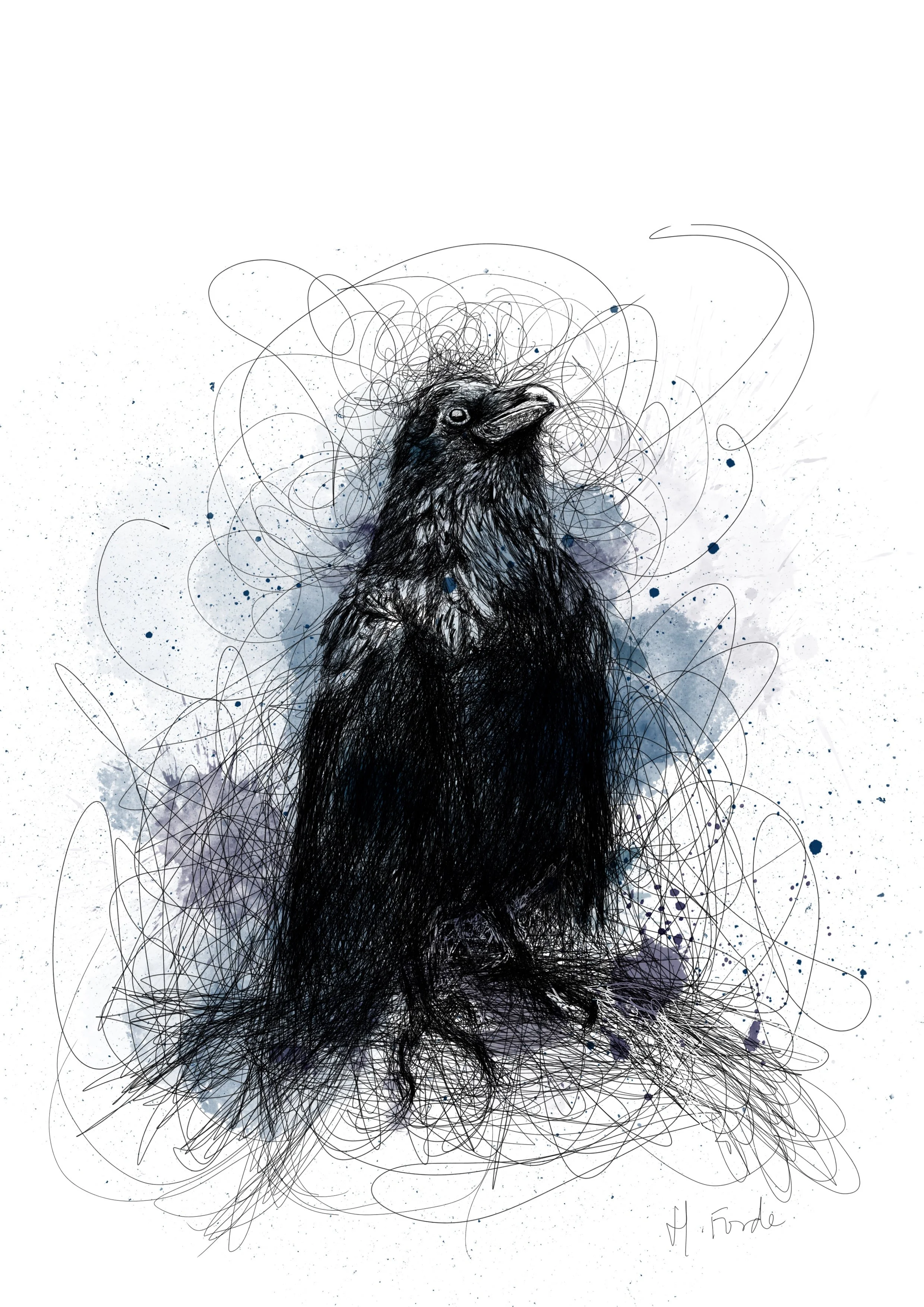 An artistic sketch of a raven, using abstract black scribbles with splashes of blue and purple ink, creating a textured and expressive appearance.