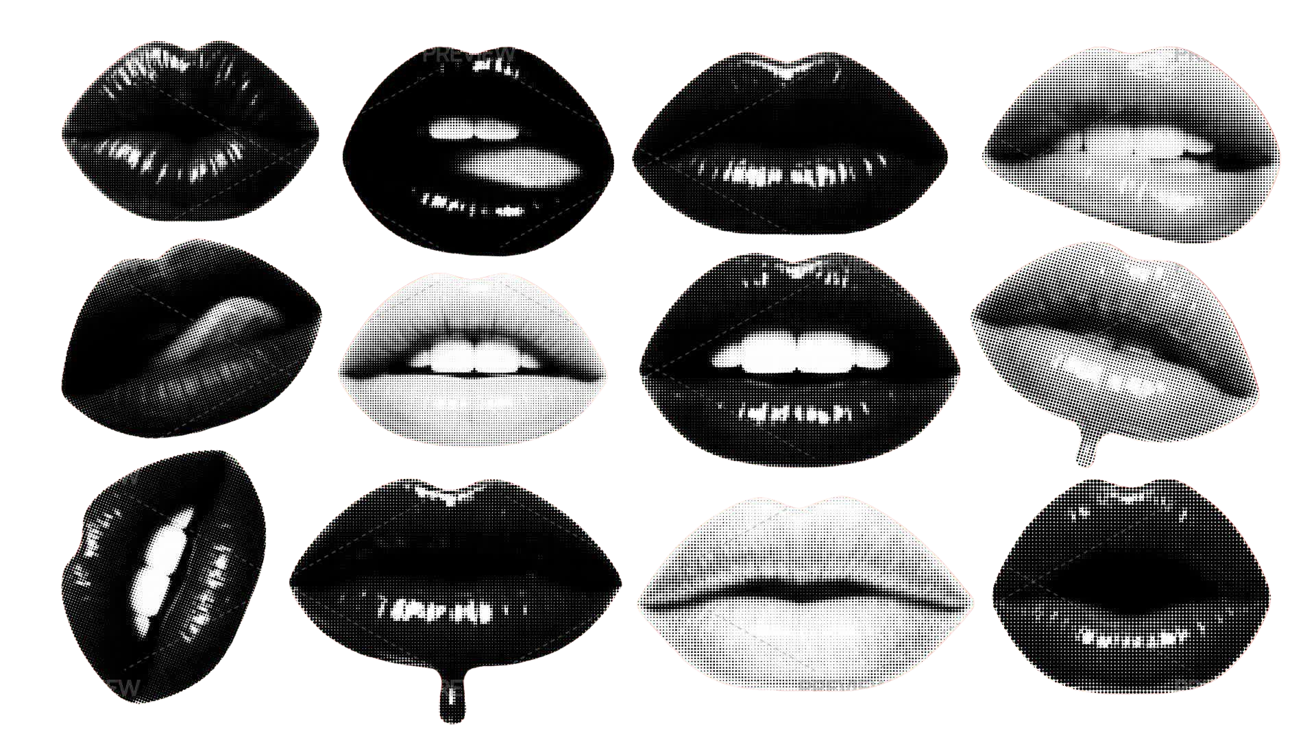 A collection of various lips in black, white, and grayscale shades, arranged in a pattern on a black background.